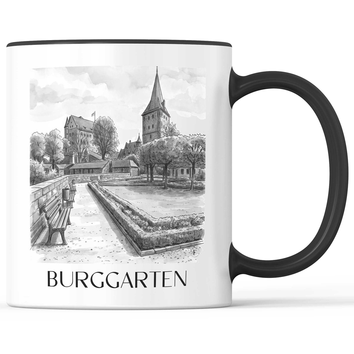 burggarten-nürnberg-deutschland-kaffeebecher-aquarell-schwarz-weiss