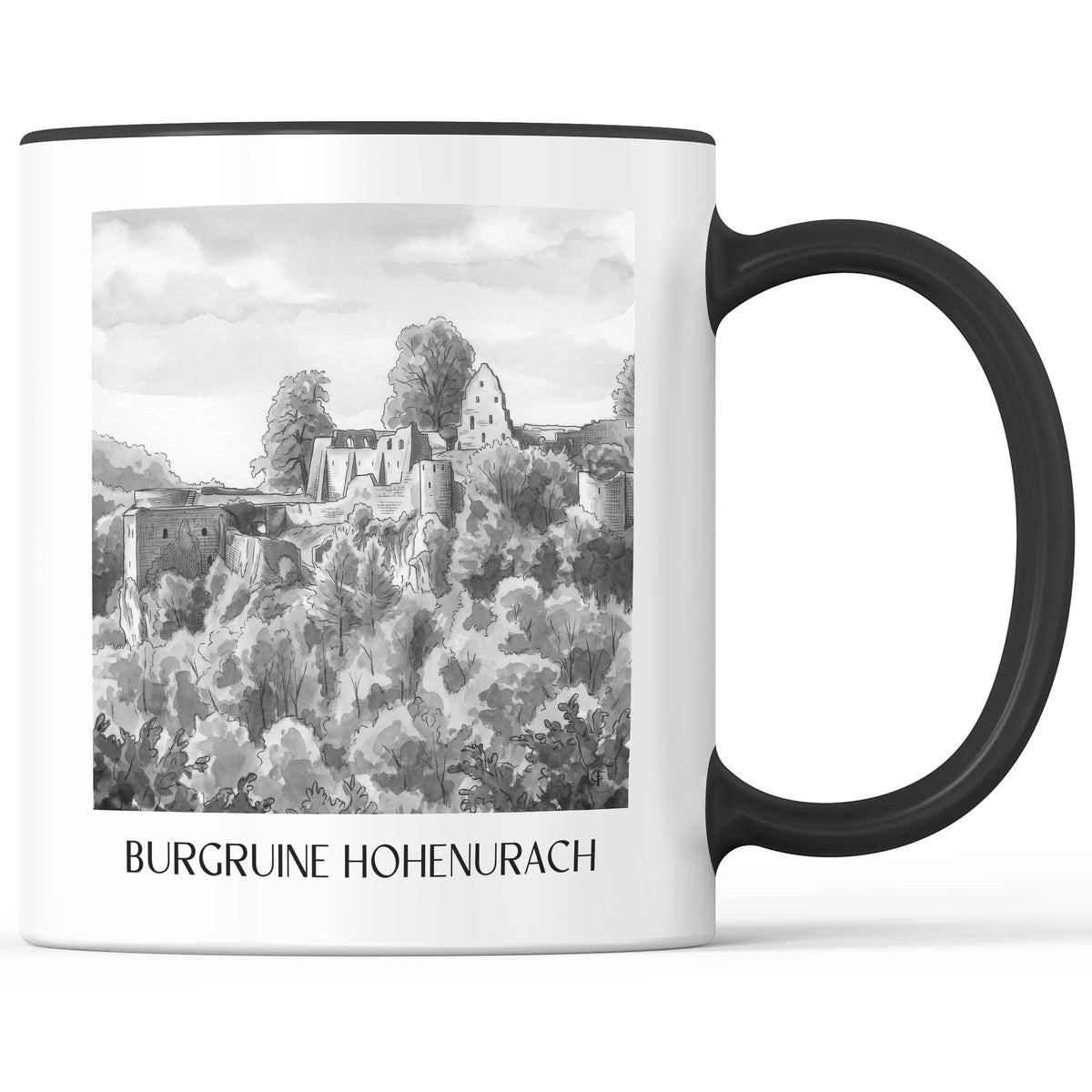burgruine-hohenurach-schwäbische-alb-deutschland-kaffeebecher-aquarell-schwarz-weiss