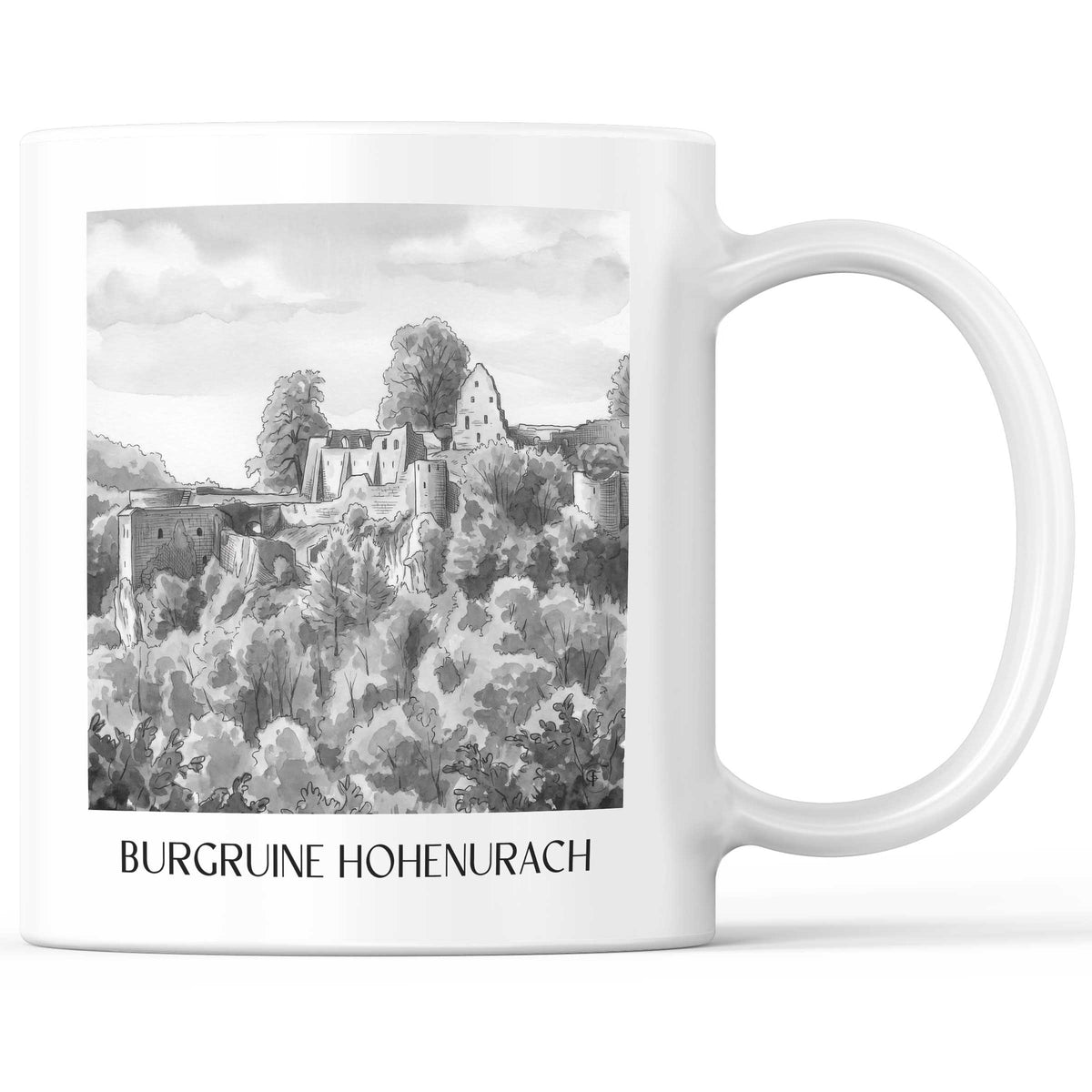 Burgruine Hohenurach Kaffeebecher - Schwäbische Alb - Deutschland Becher - Kaffeetasse im Aquarell Schwarz-Weiß Stil - favplace