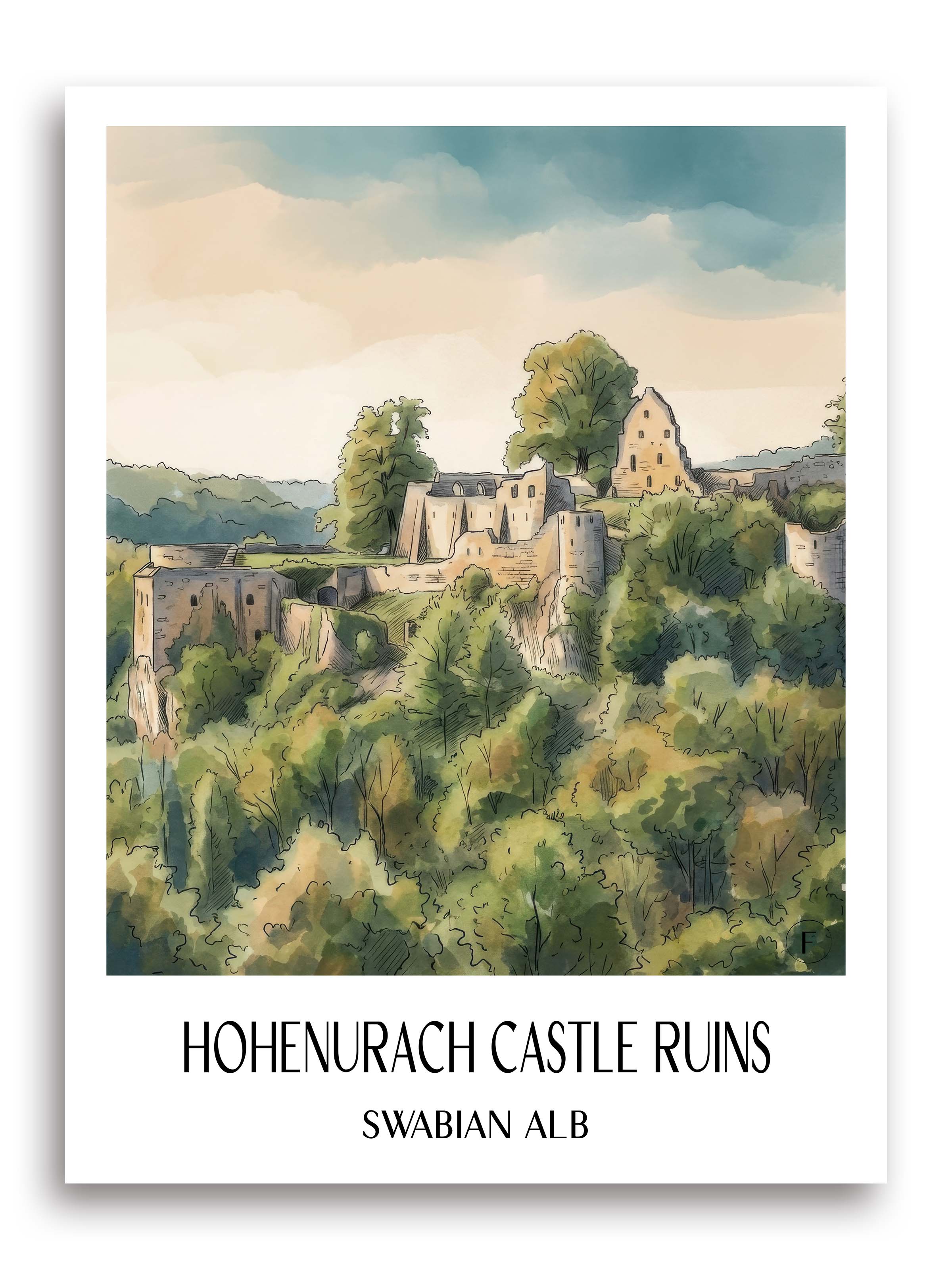 Burgruine Hohenurach Poster - Schwäbische Alb - Deutschland Kunstdruck - Aquarell von A4 bis A1 - favplace