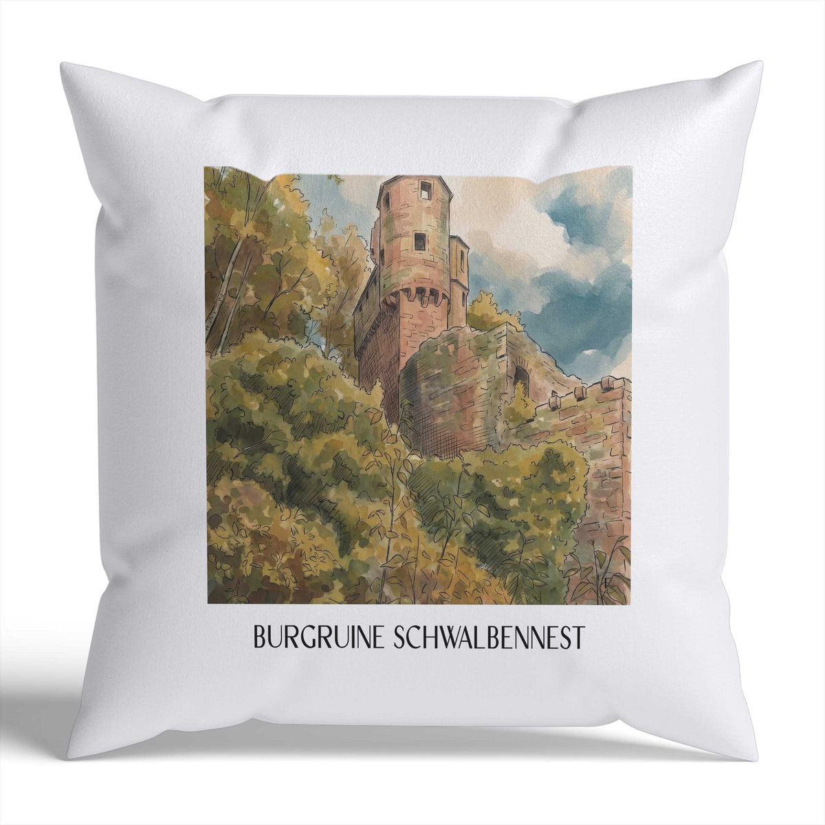 burgruine-schwalbennest-neckarsteinnach-deutschland-kissenbezug-aquarell
