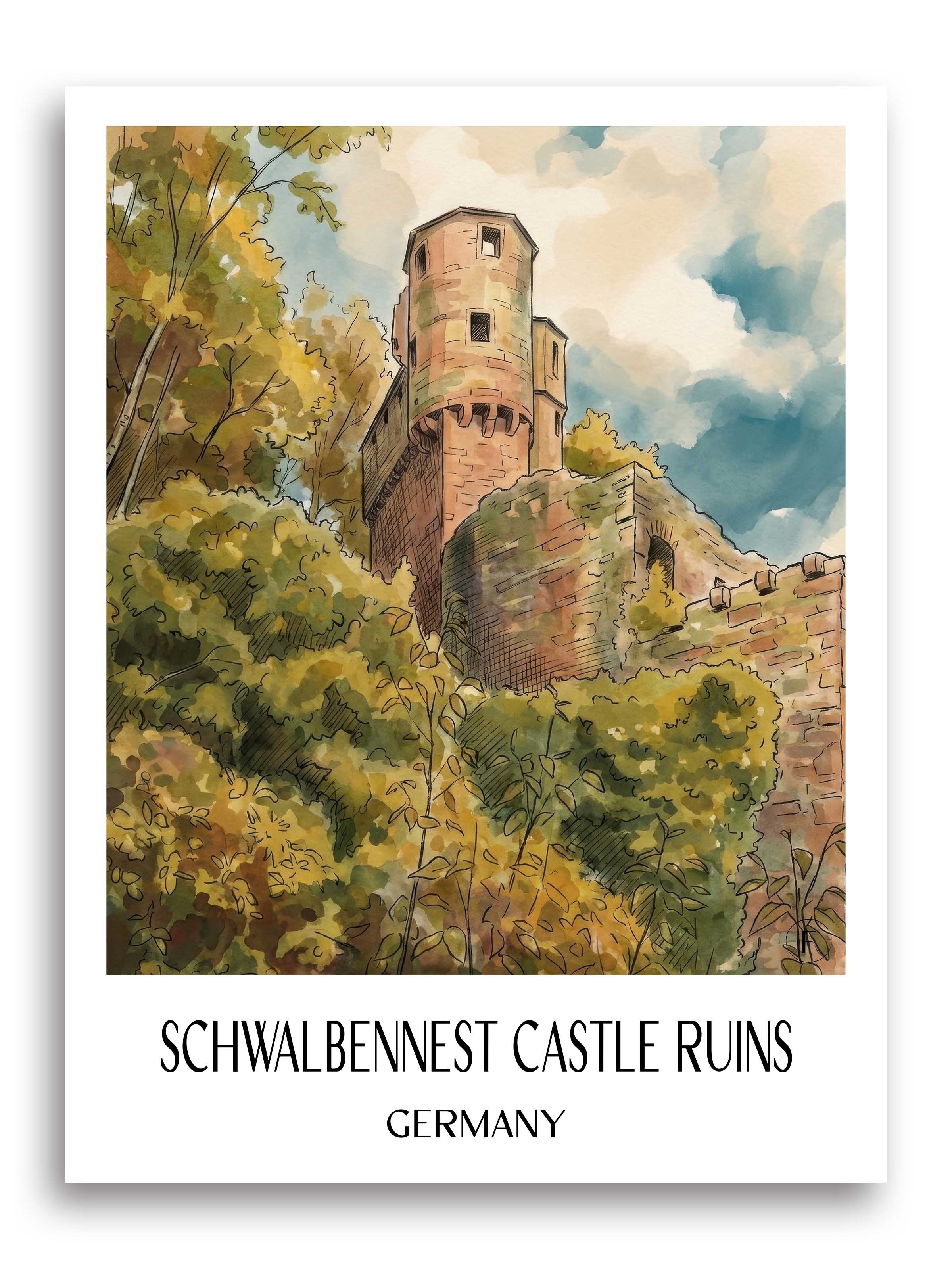 Burgruine Schwalbennest Poster - Neckarsteinnach - Deutschland Kunstdruck - Aquarell von A4 bis A1 - favplace