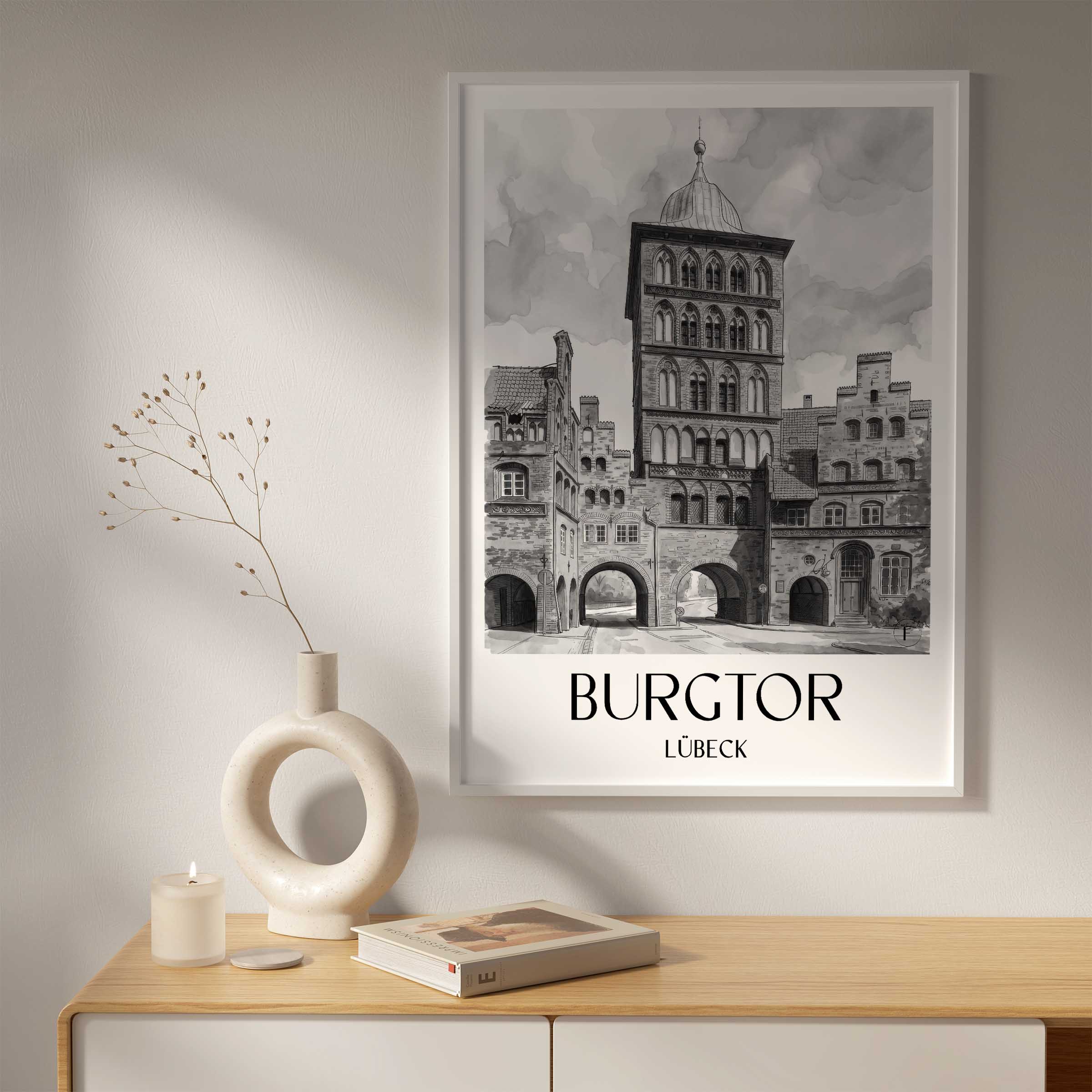 burgtor-lübeck-deutschland-poster-aquarell-schwarz-weiss