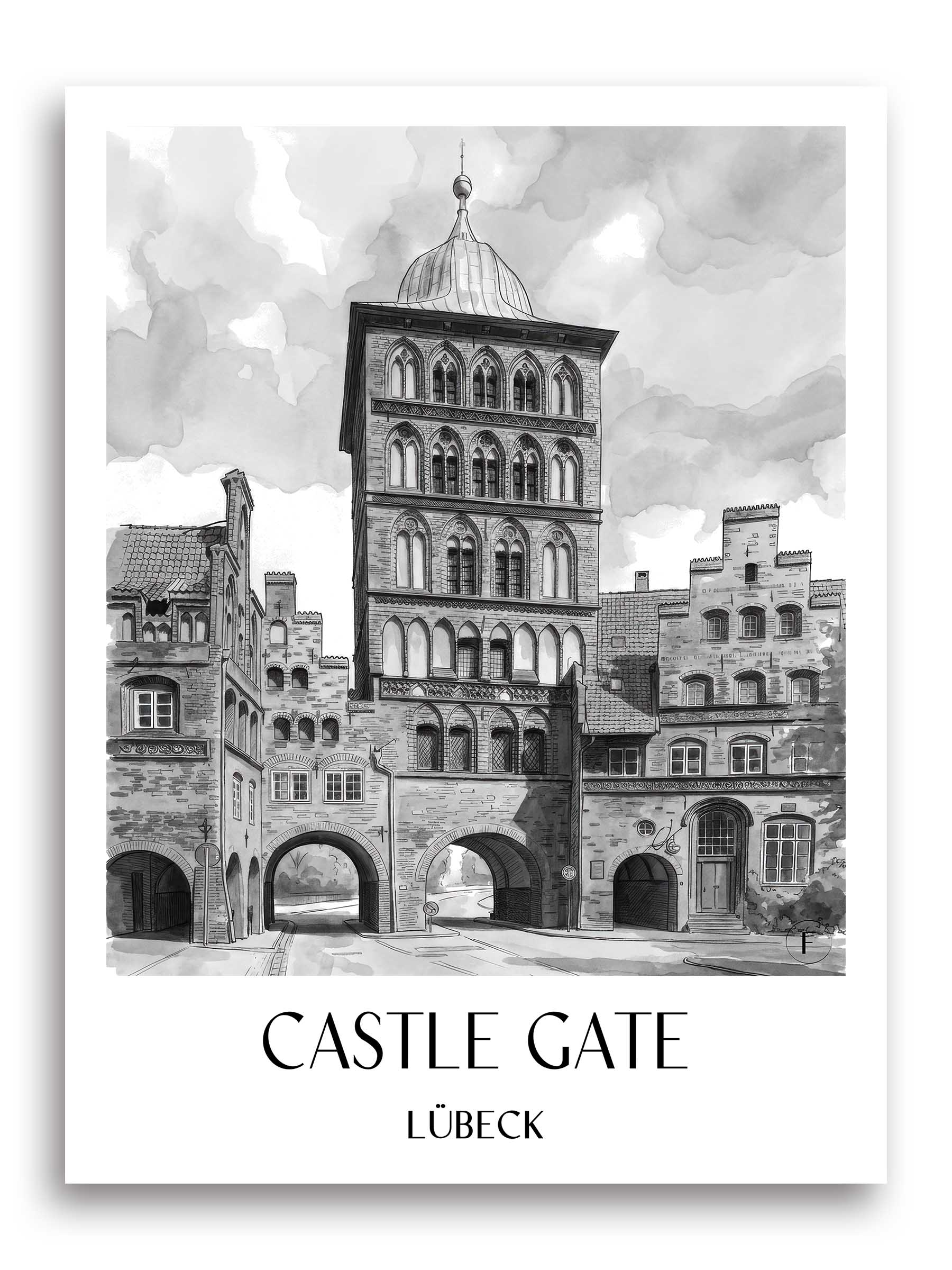 Burgtor Poster - Lübeck - Deutschland Kunstdruck - Aquarell Schwarz-Weiß von A4 bis A1 - favplace
