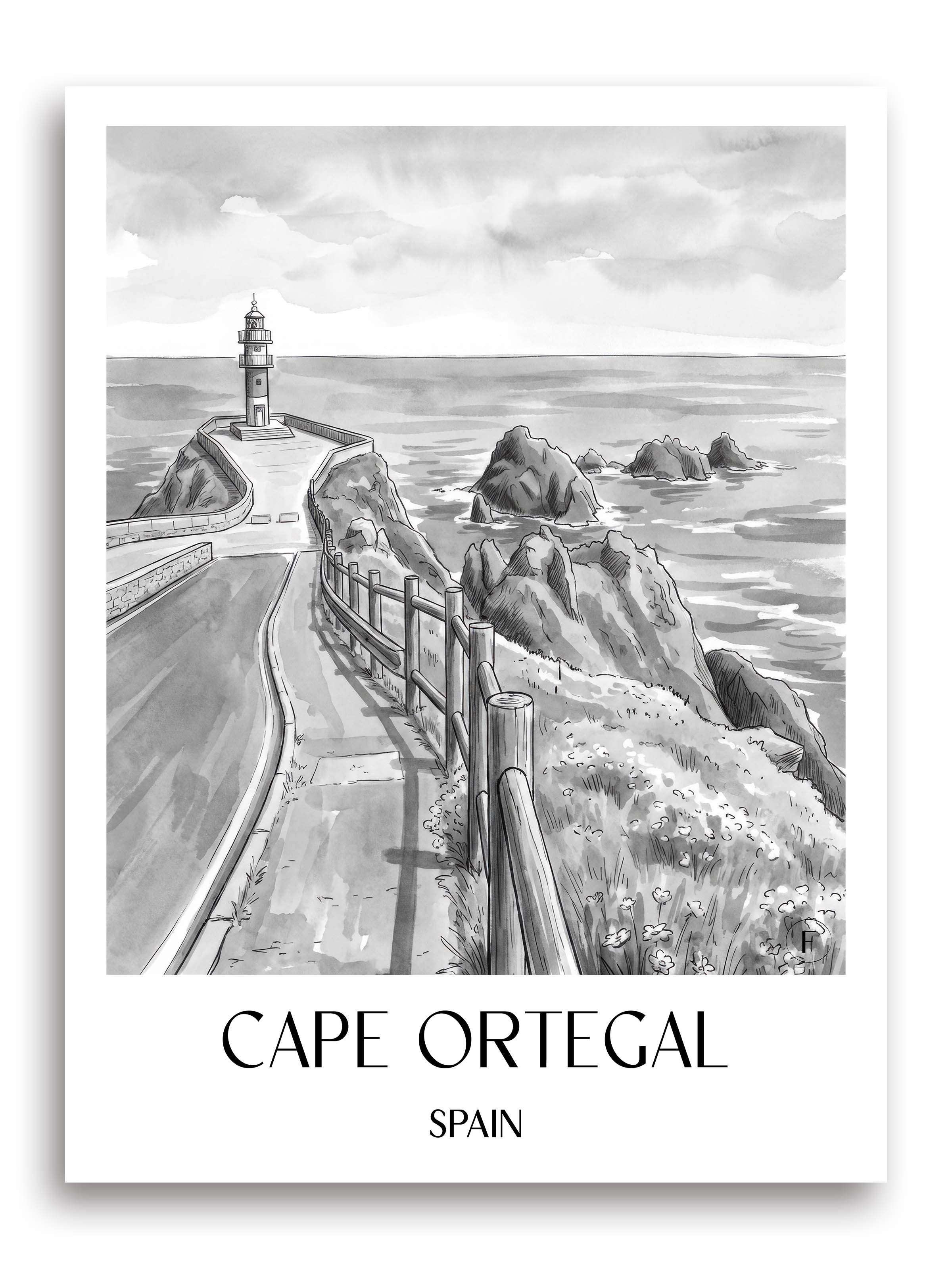 Cabo Ortegal Poster - Spanien - Spanien Kunstdruck - Aquarell Schwarz-Weiß von A4 bis A1 - favplace