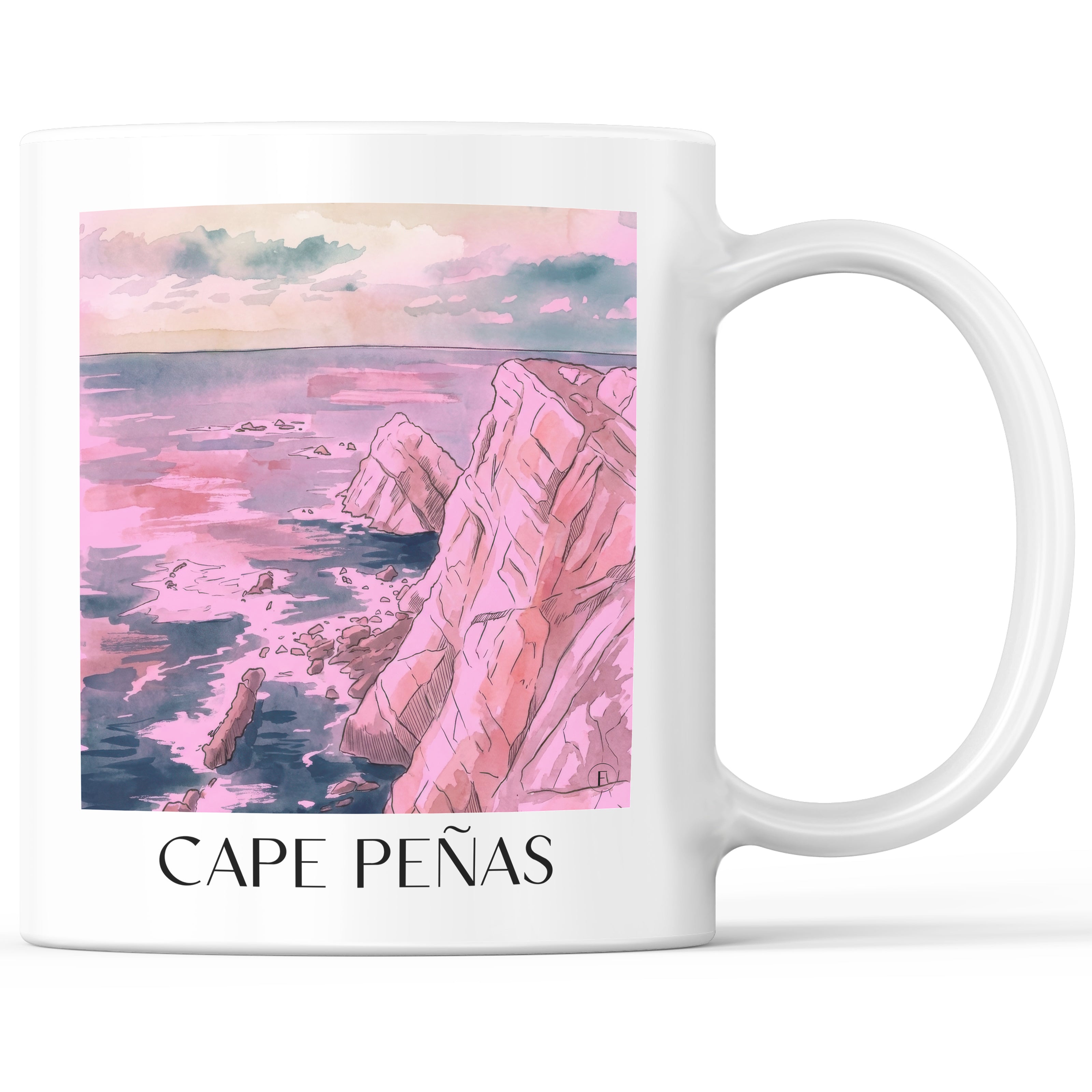 Cabo de Peñas Kaffeebecher - Spanien - Spanien Becher - Kaffeetasse im Aquarell Pink Stil - favplace