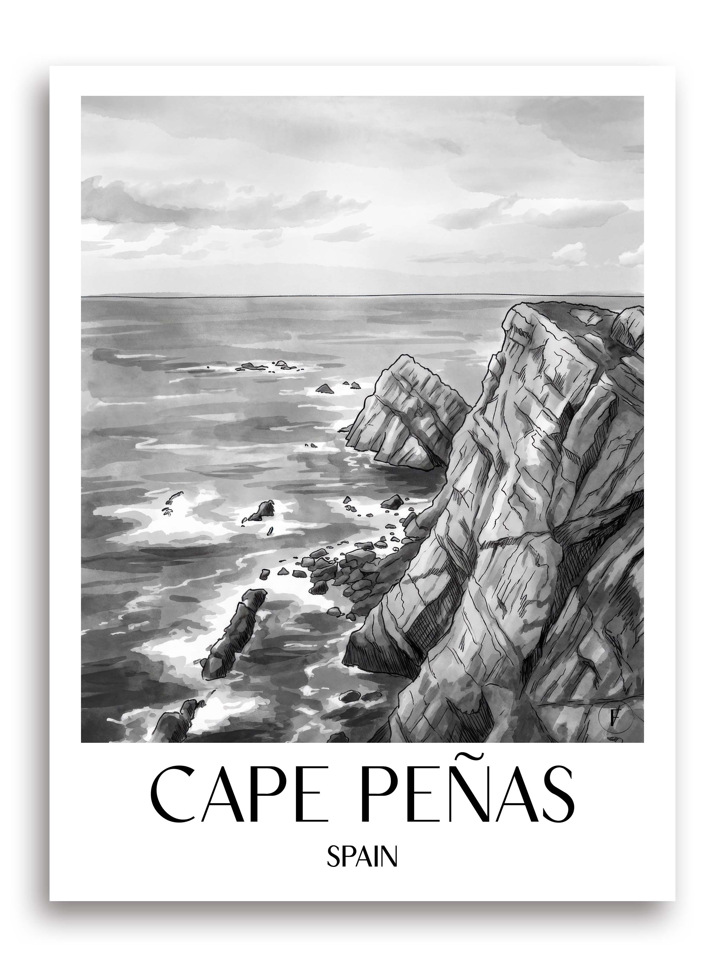 Cabo de Peñas Poster - Spanien - Spanien Kunstdruck - Aquarell Schwarz-Weiß von A4 bis A1 - favplace