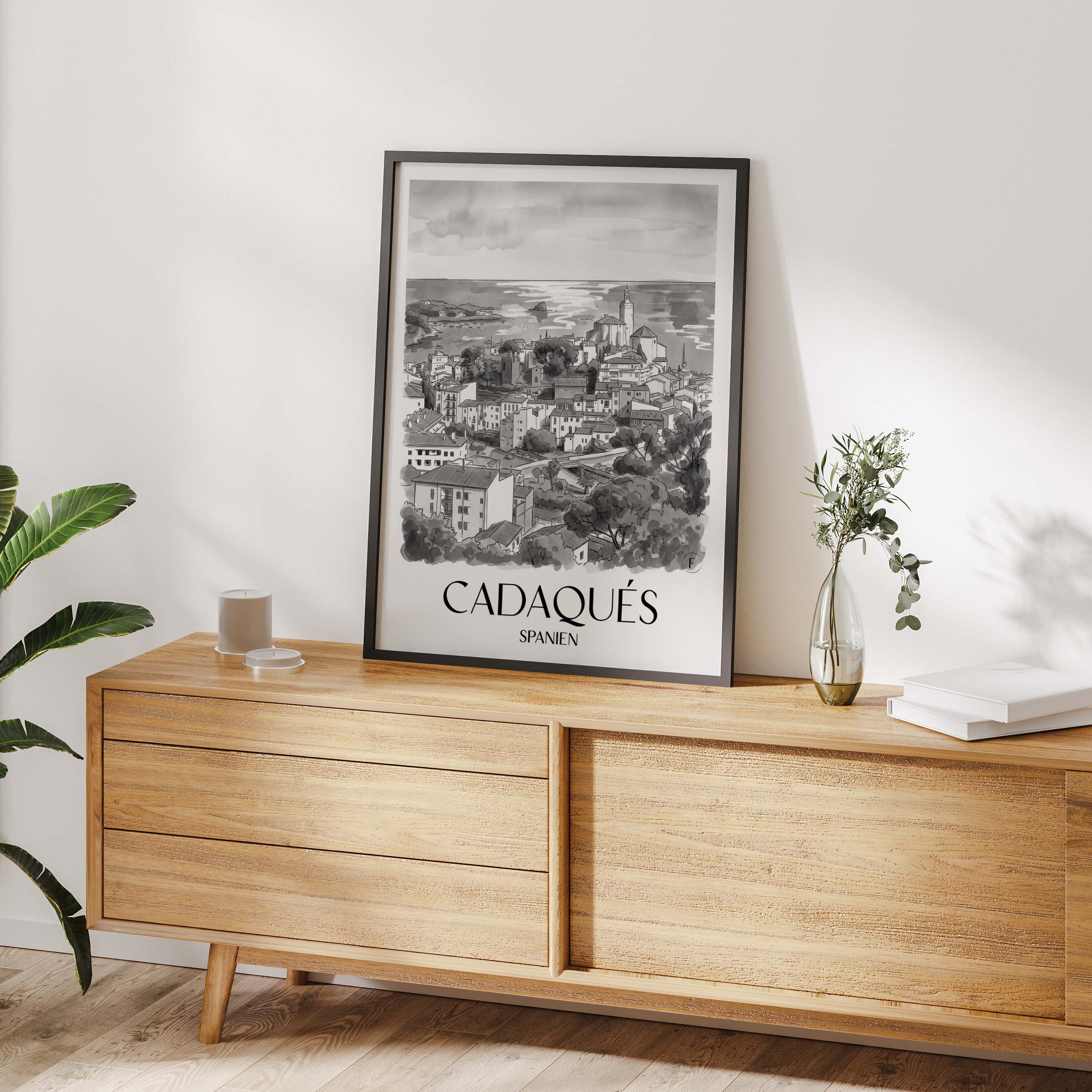 cadaqués-spanien-spanien-poster-aquarell-schwarz-weiss