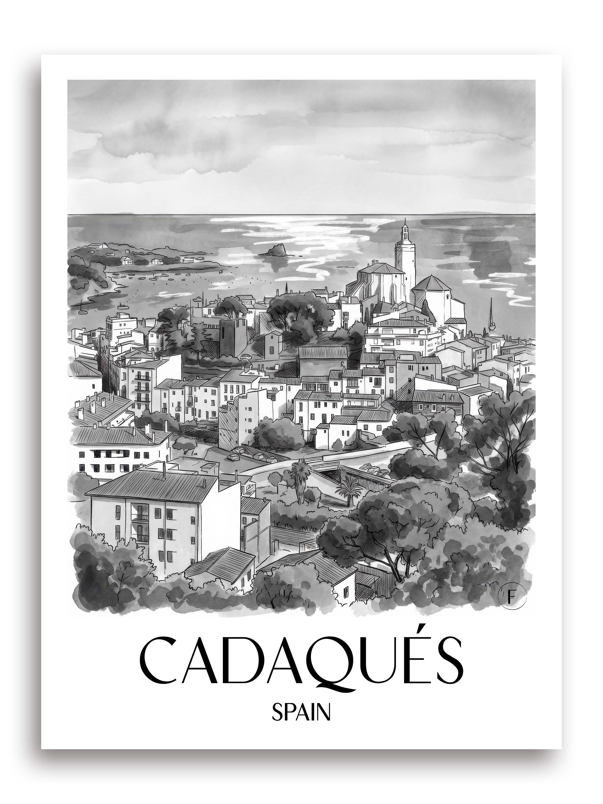Cadaqués Poster - Spanien - Spanien Kunstdruck - Aquarell Schwarz-Weiß von A4 bis A1 - favplace