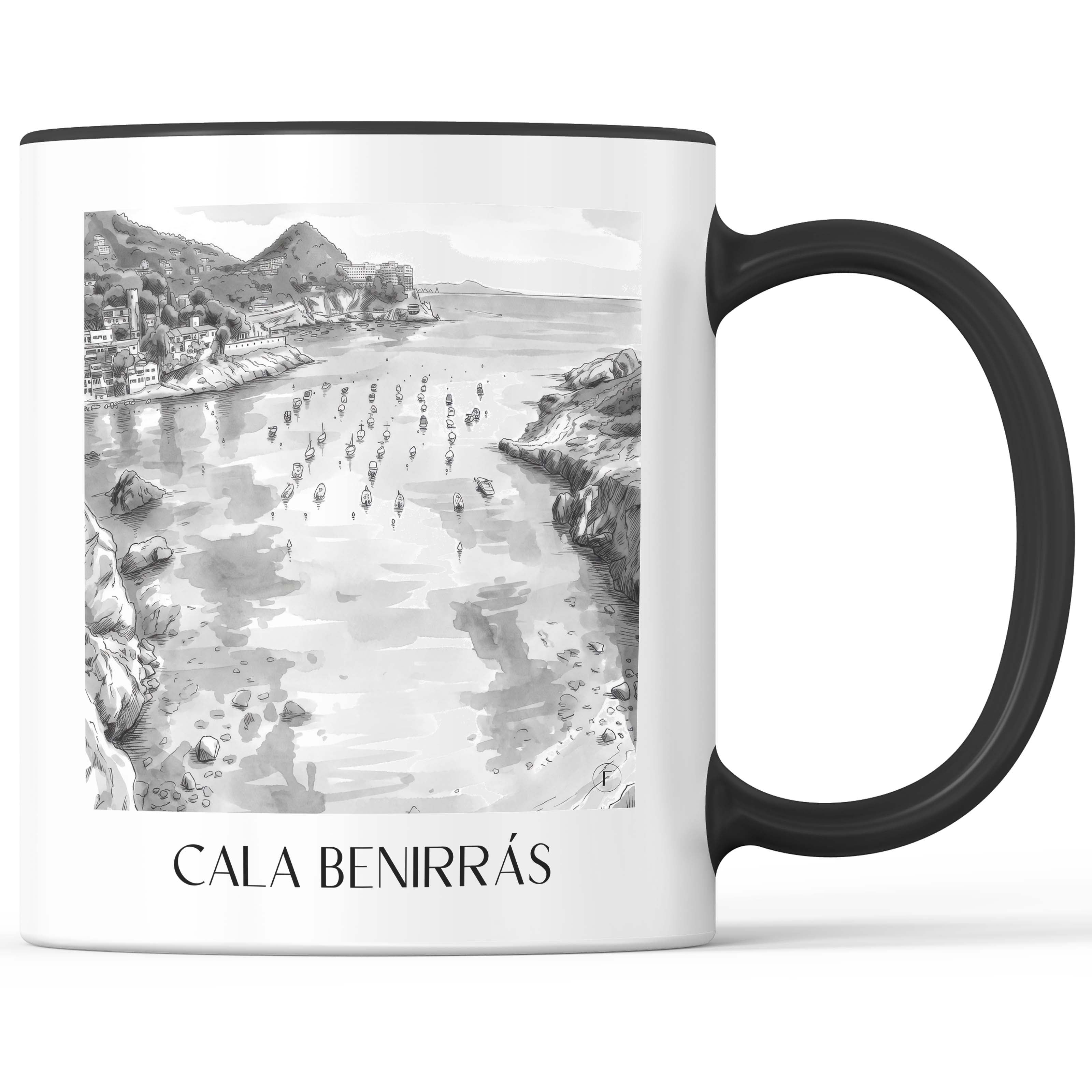 Cala Benirrás Kaffeebecher - Ibiza - Spanien Becher - Kaffeetasse im Aquarell Schwarz-Weiß Stil - favplace