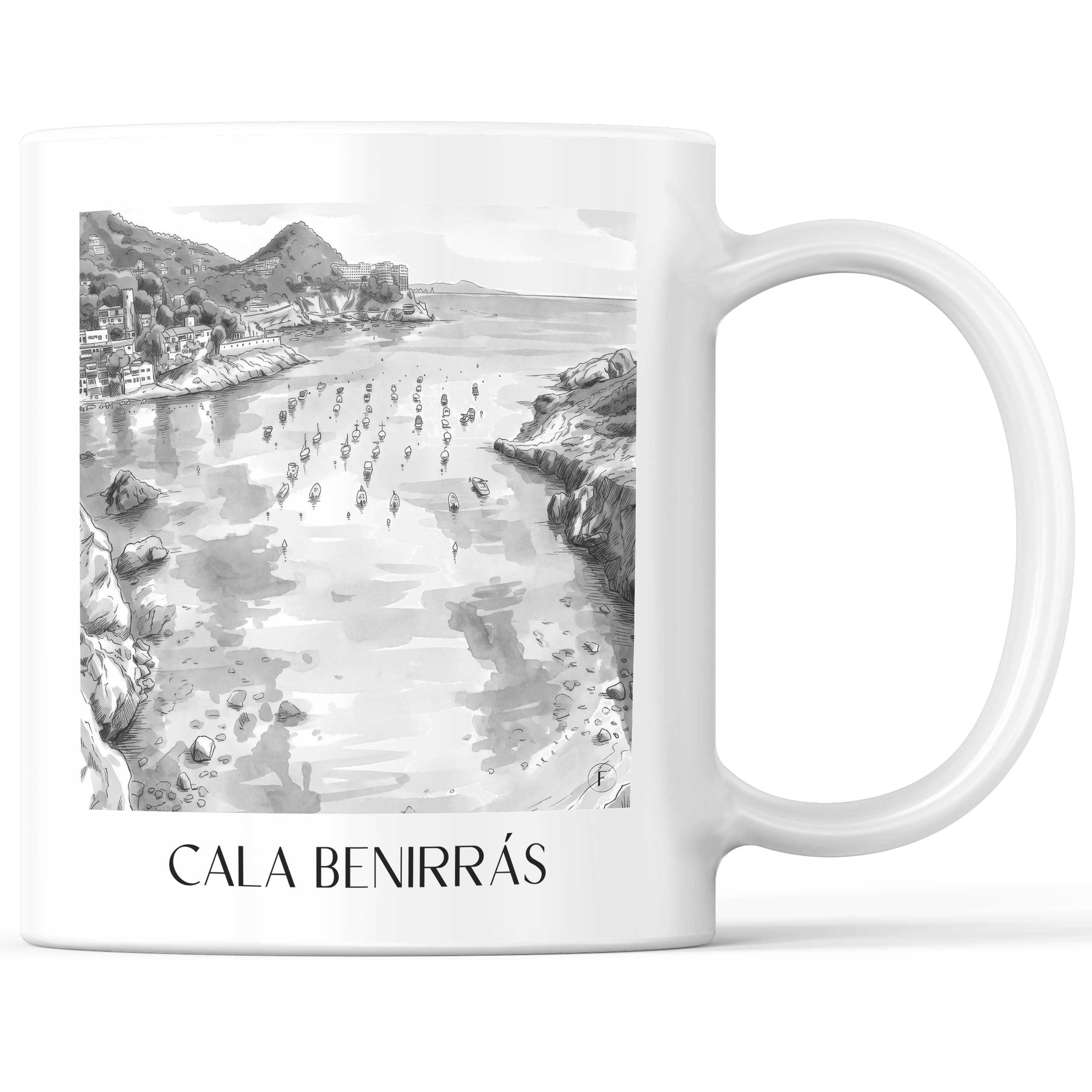 Cala Benirrás Kaffeebecher - Ibiza - Spanien Becher - Kaffeetasse im Aquarell Schwarz-Weiß Stil - favplace
