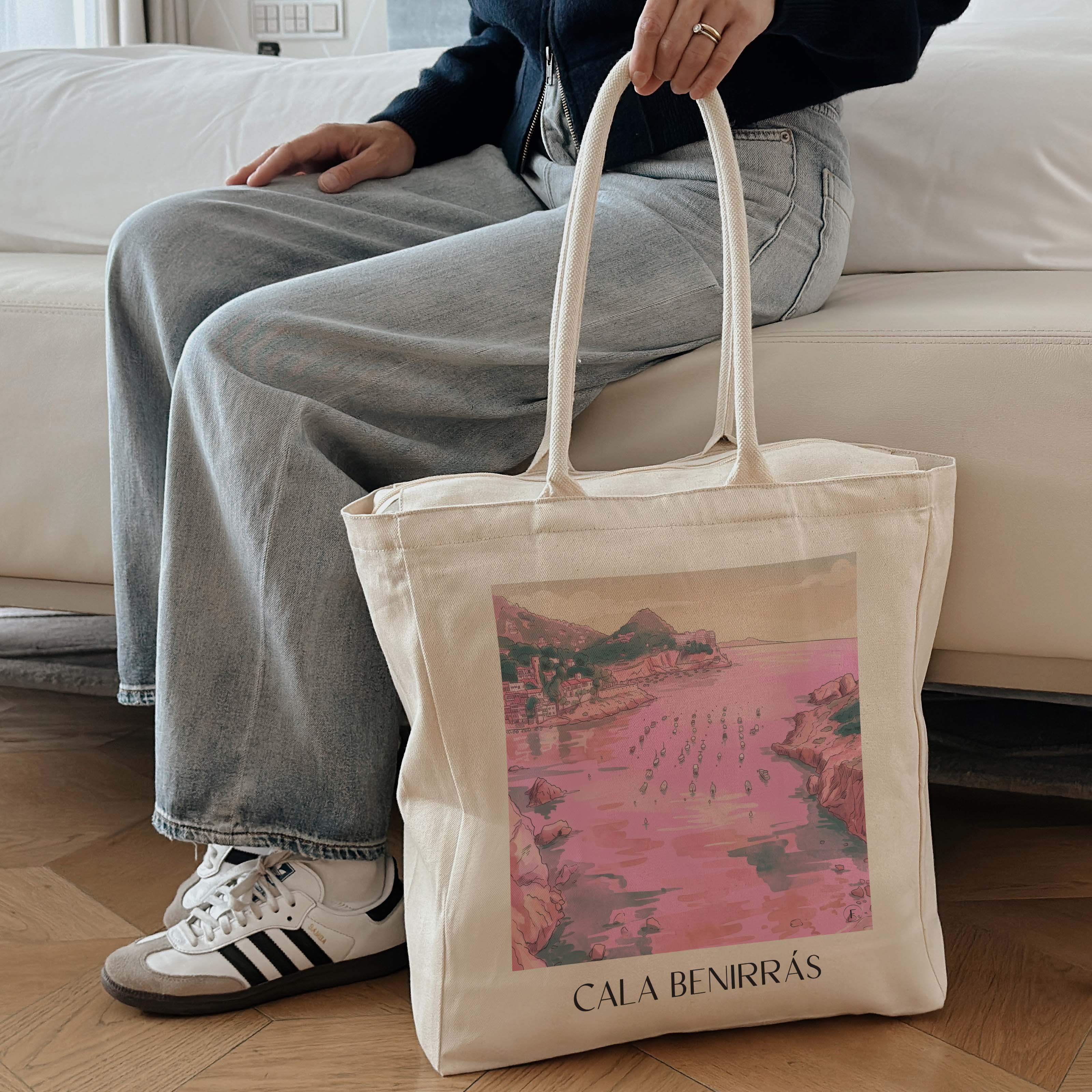 cala-benirrás-ibiza-spanien-einkaufstasche-aquarell-pink-rosa