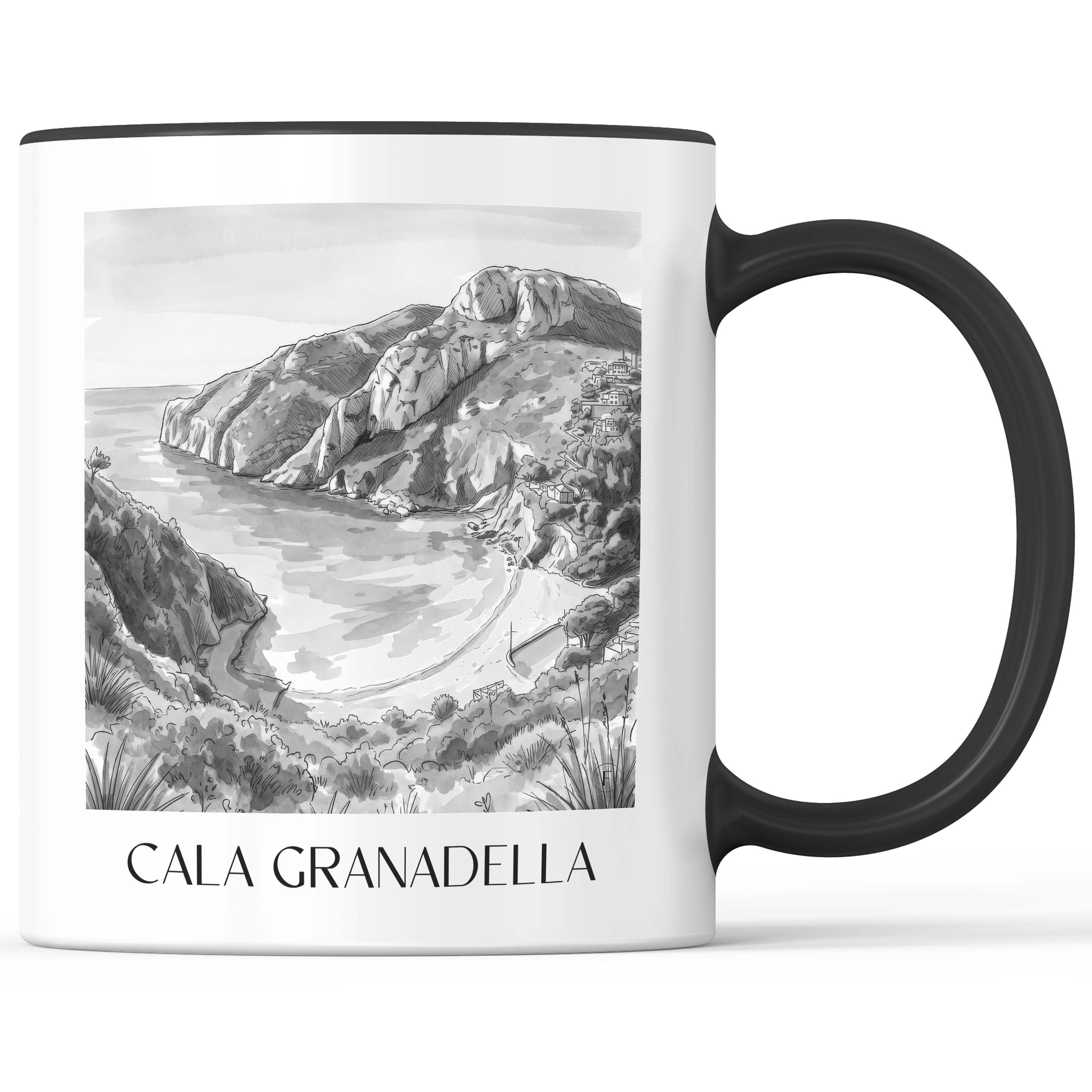 cala-granadella-javea-spanien-kaffeebecher-aquarell-schwarz-weiss