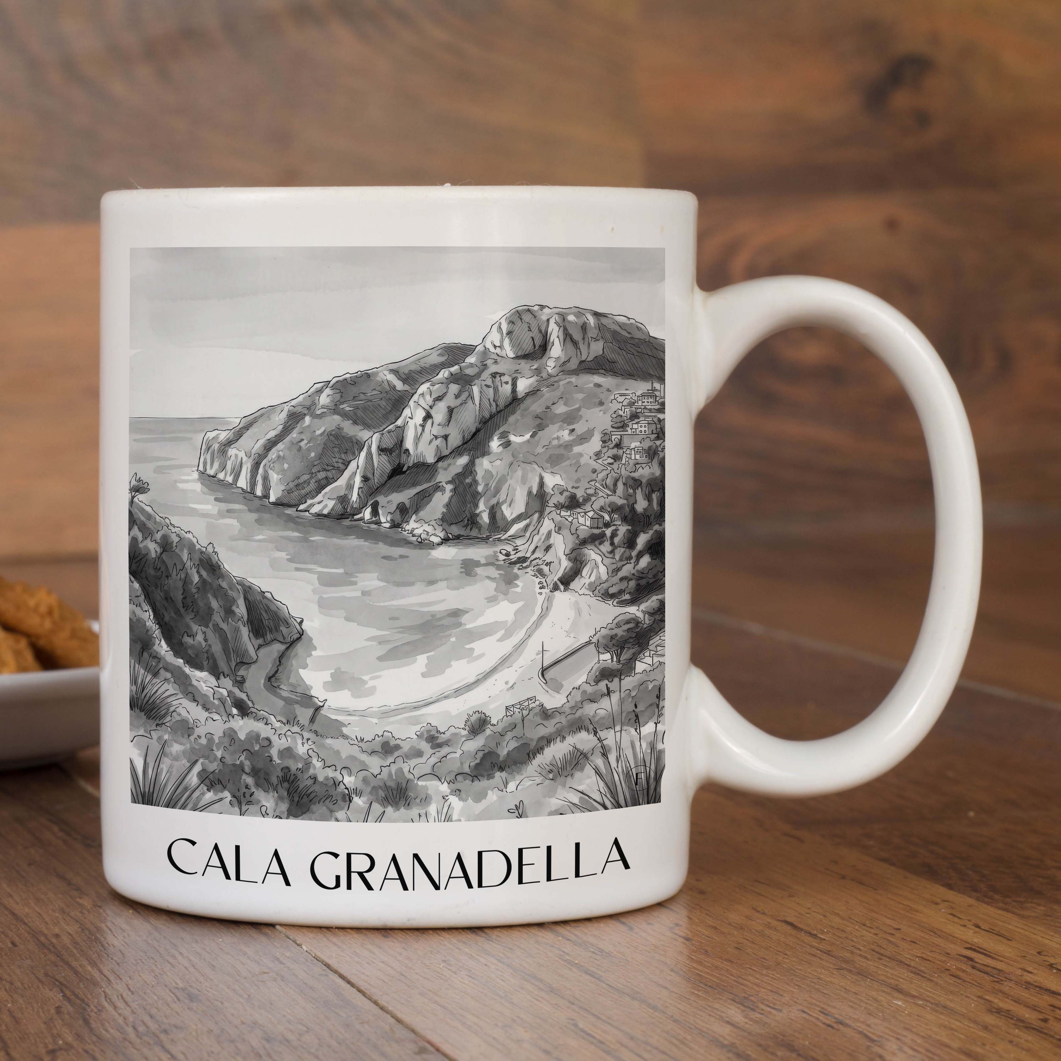cala-granadella-javea-spanien-kaffeebecher-aquarell-schwarz-weiss