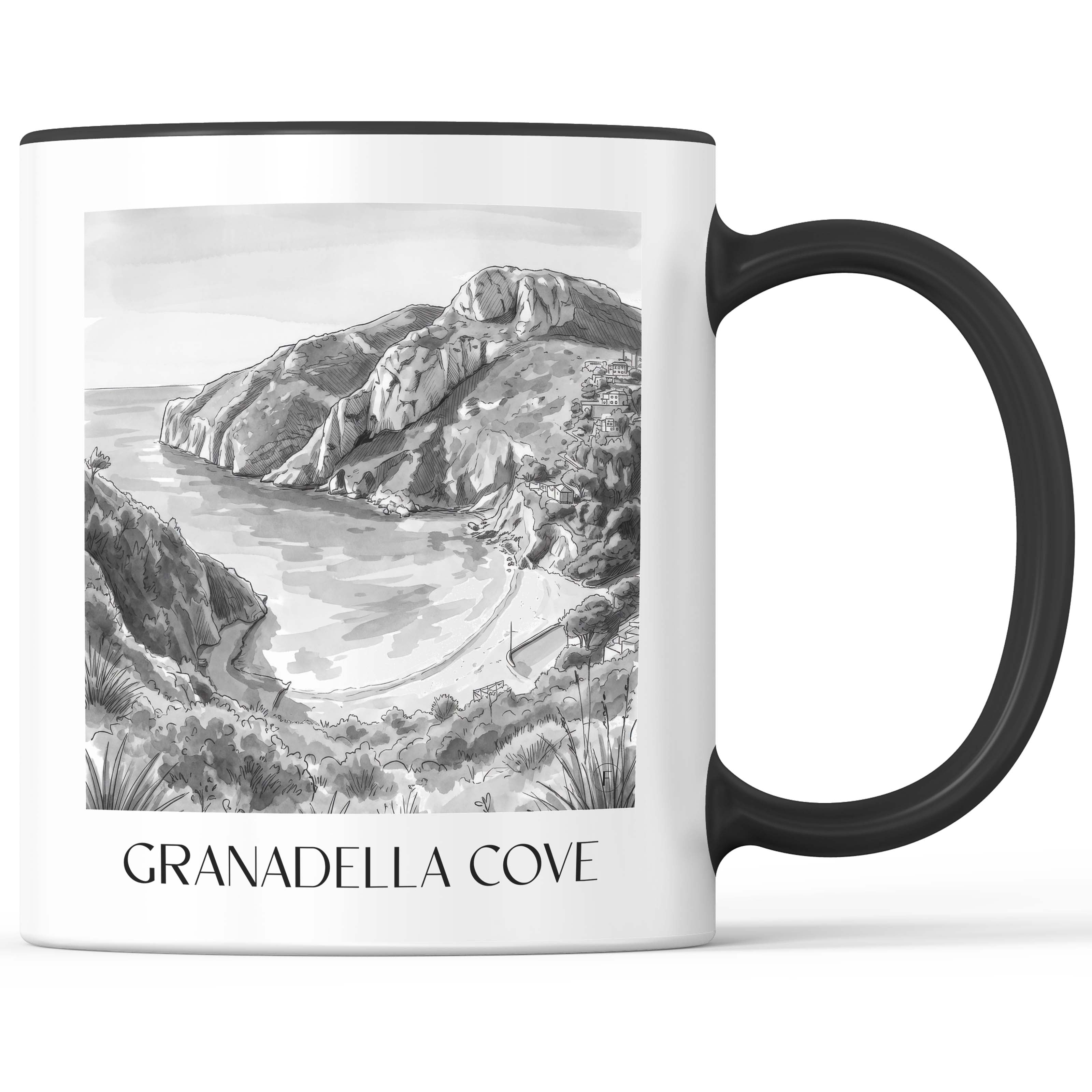 Cala Granadella Kaffeebecher - Javea - Spanien Becher - Kaffeetasse im Aquarell Schwarz-Weiß Stil - favplace