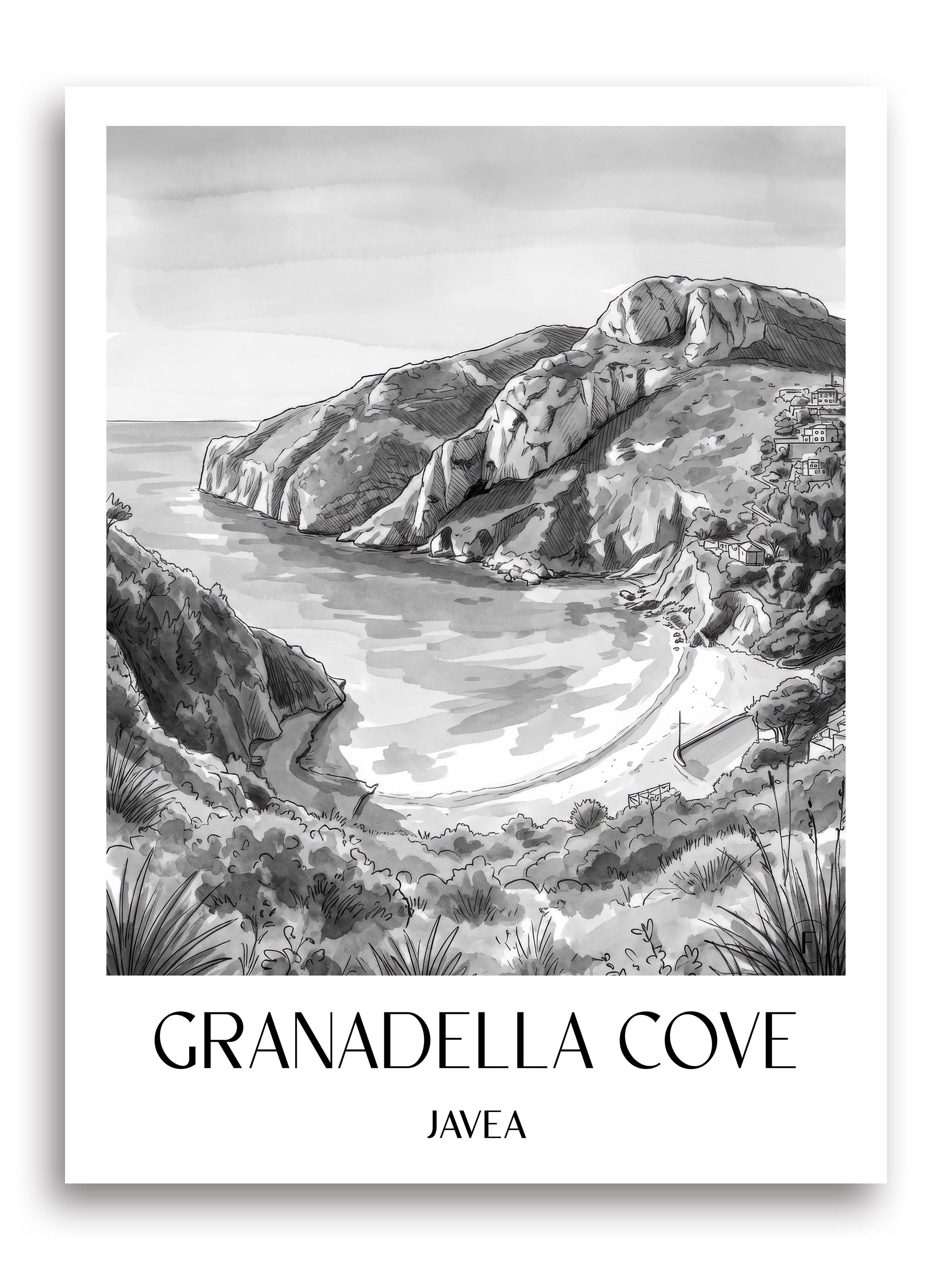 Cala Granadella Poster - Javea - Spanien Kunstdruck - Aquarell Schwarz-Weiß von A4 bis A1 - favplace