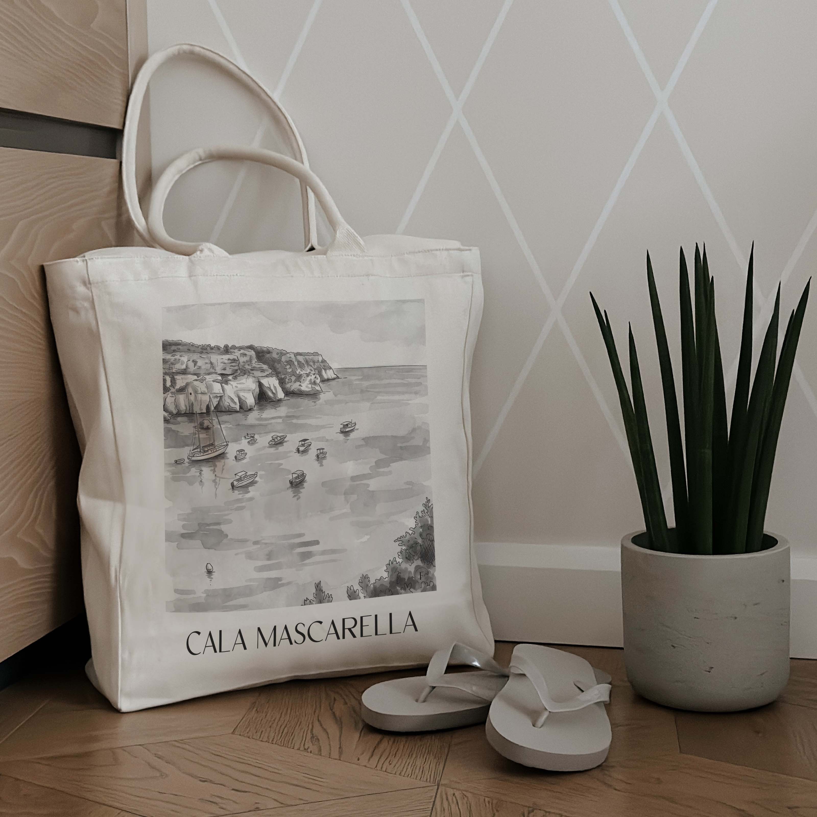 cala-mascarella-menorca-spanien-einkaufstasche-aquarell-schwarz-weiss