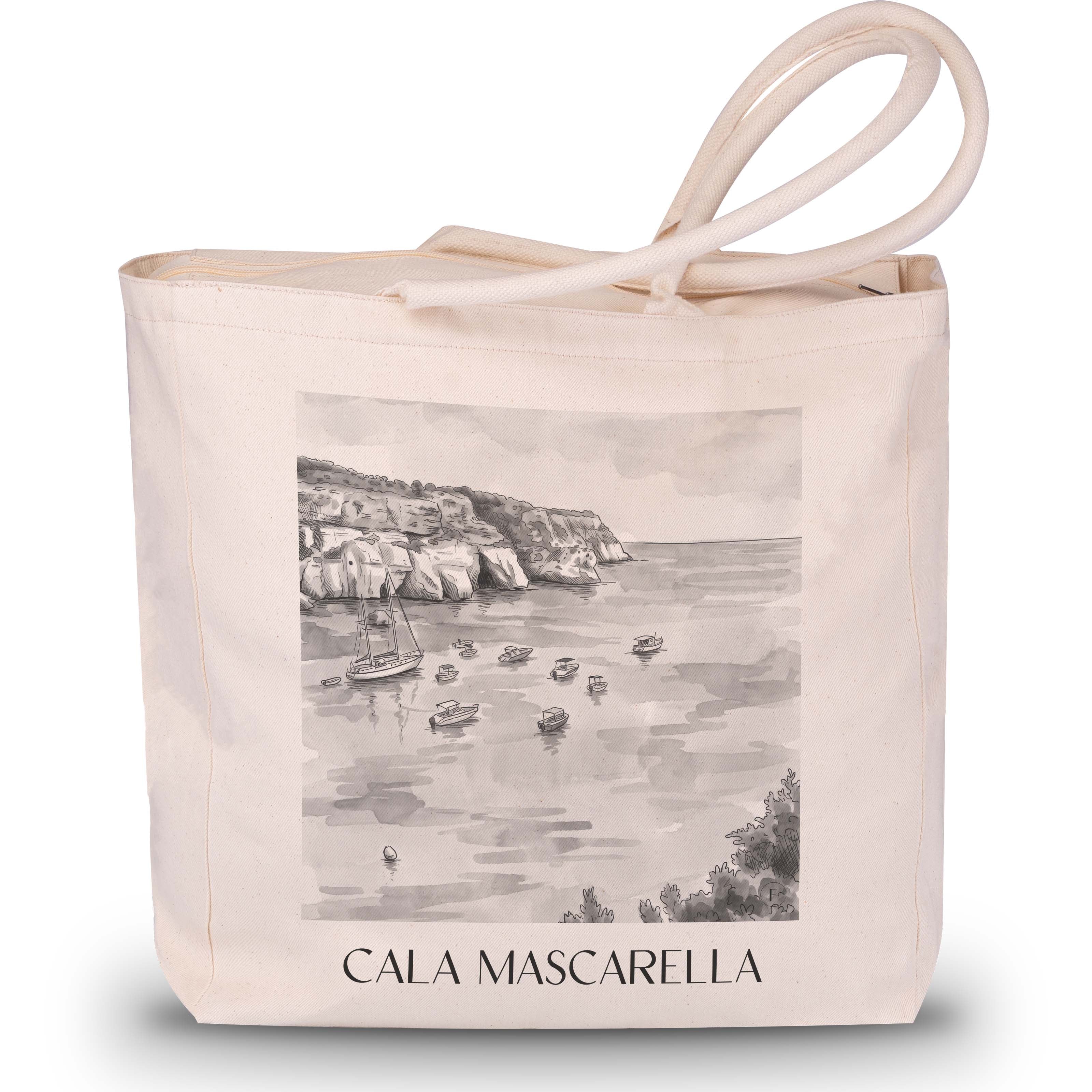 Cala Mascarella Shopping Tasche - Menorca - Spanien Tote Bag - Einkaufstasche im Aquarell Schwarz-Weiß Stil - favplace