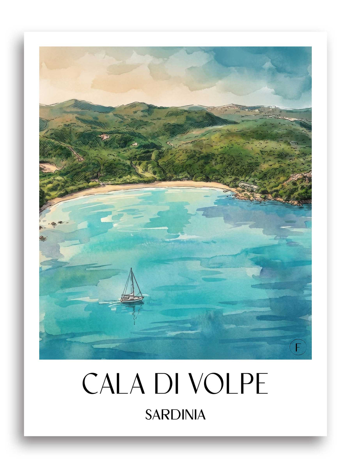 Cala di Volpe Poster - Sardinien - Italien Kunstdruck - Aquarell von A4 bis A1 - favplace
