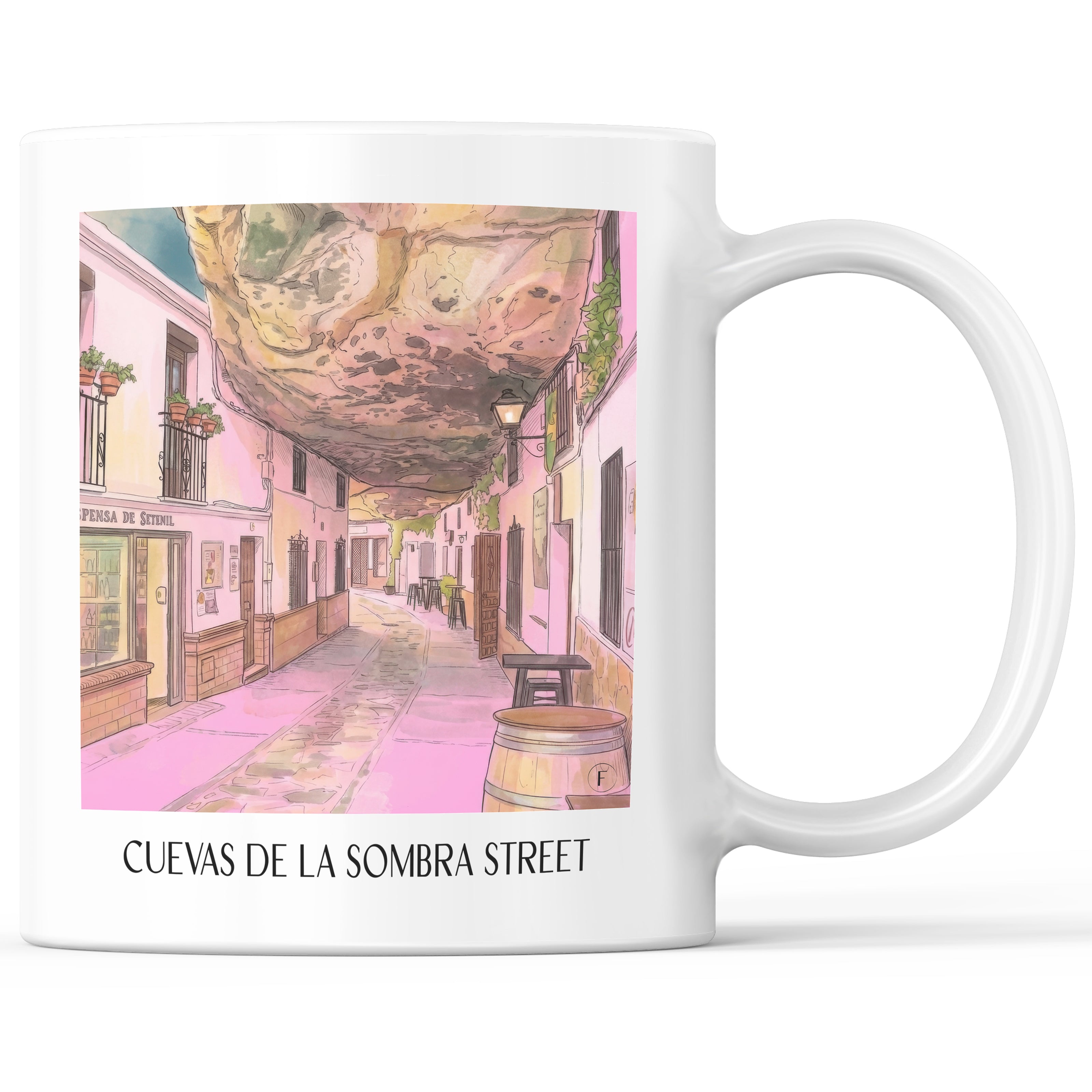 Calle Cuevas de la Sombra Kaffeebecher - Setenil de las Bodegas - Spanien Becher - Kaffeetasse im Aquarell Pink Stil - favplace