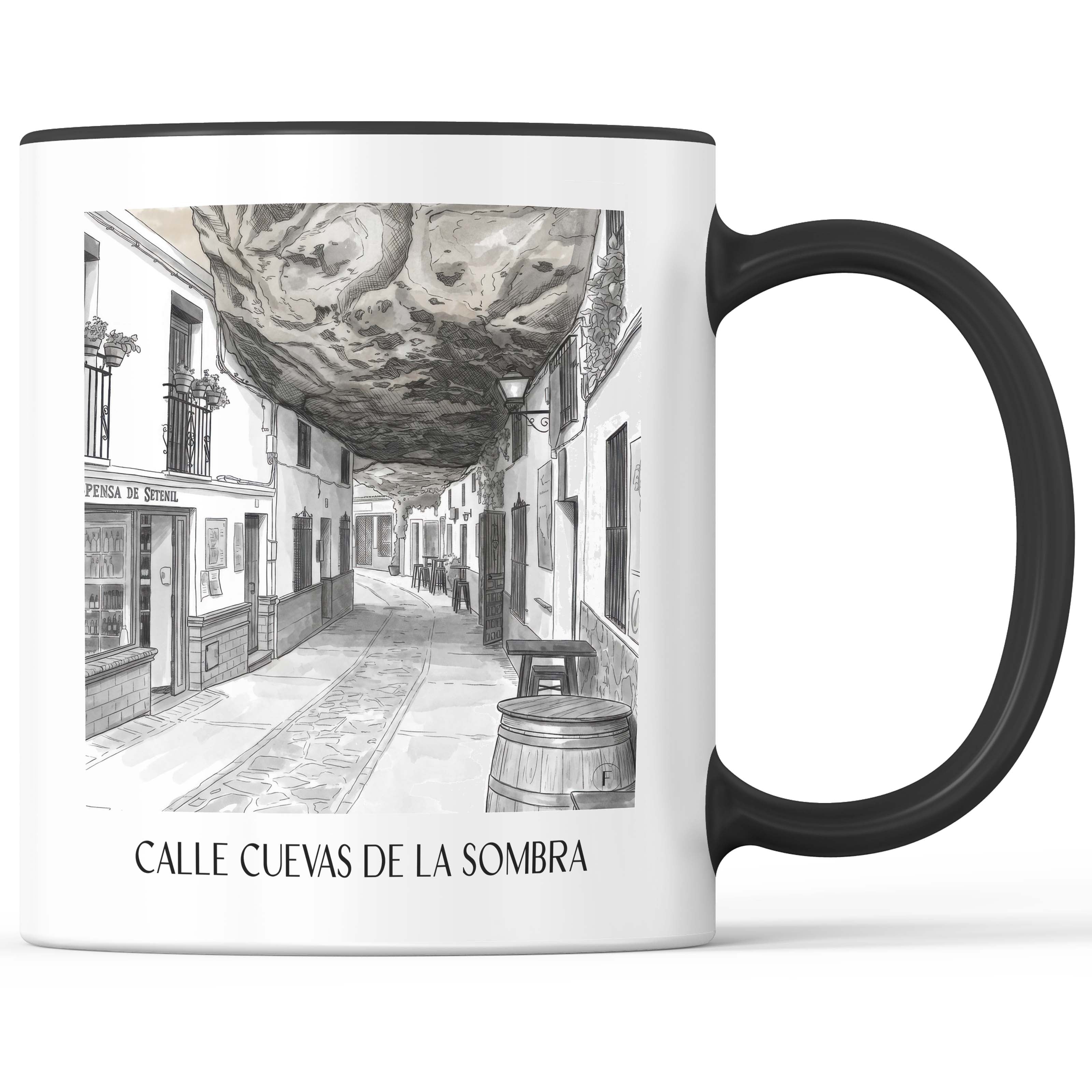 calle-cuevas-de-la-sombra-setenil-de-las-bodegas-spanien-kaffeebecher-aquarell-schwarz-weiss