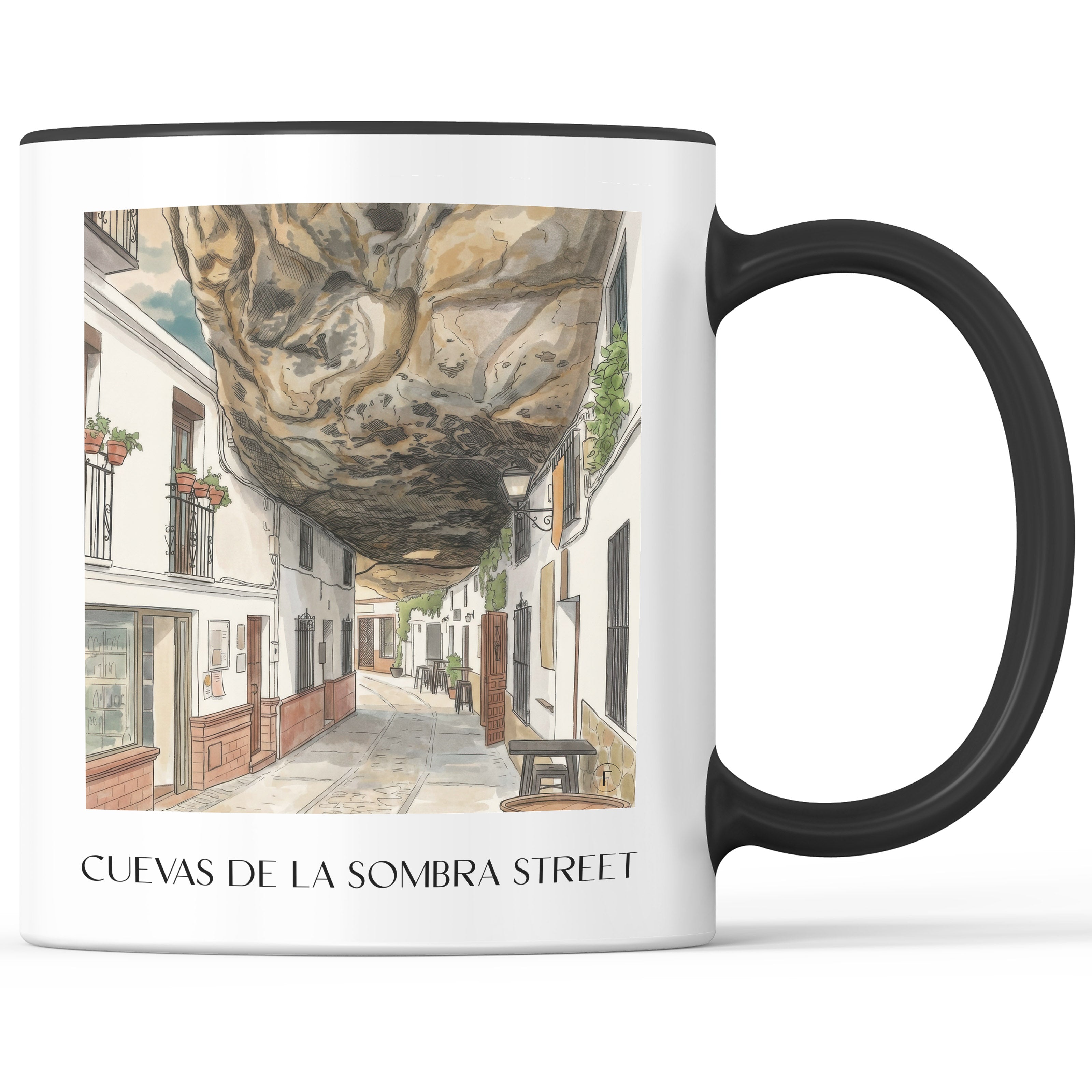 Calle Cuevas de la Sombra Kaffeebecher - Setenil de las Bodegas - Spanien Becher - Kaffeetasse im Aquarell Stil - favplace