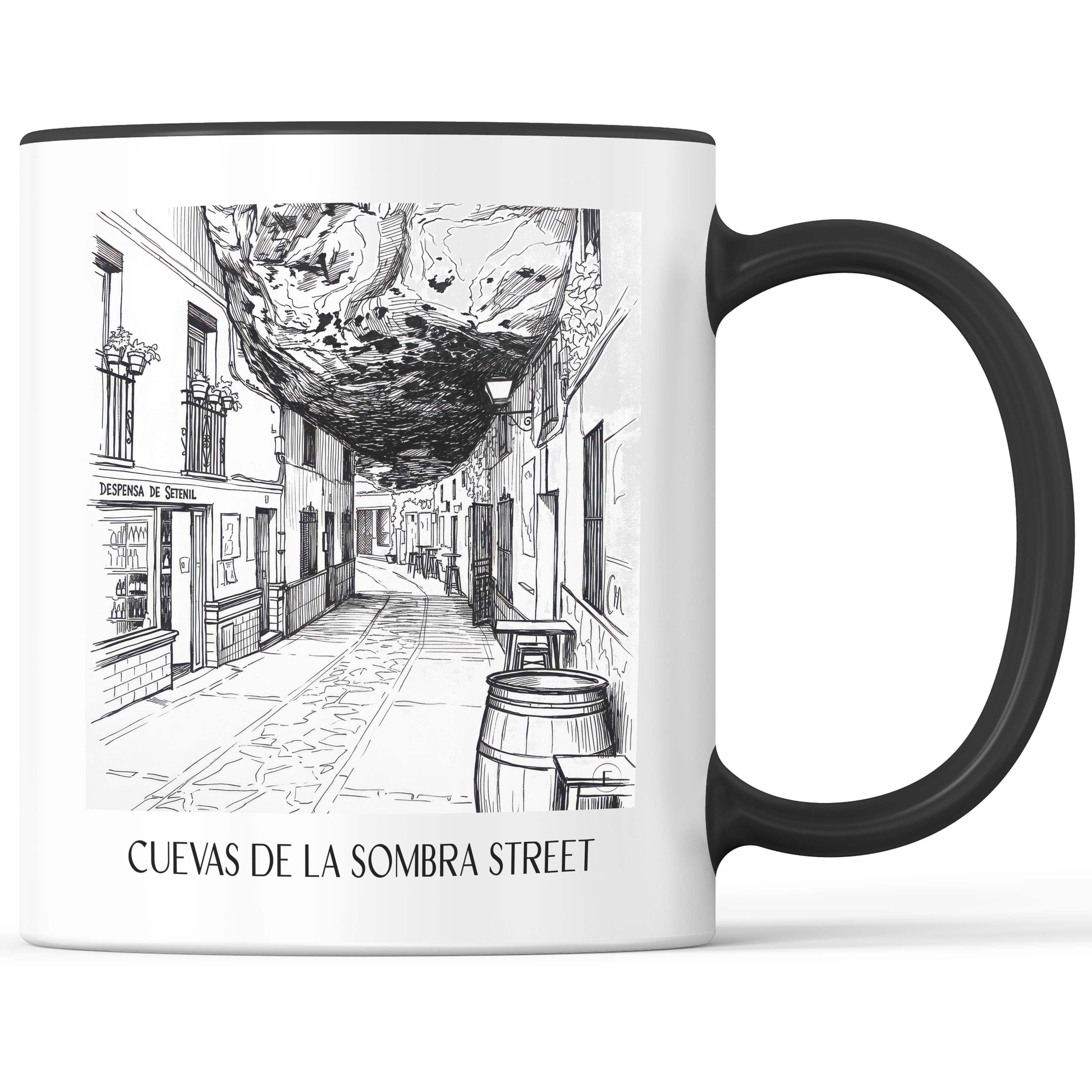 Calle Cuevas de la Sombra Kaffeebecher - Setenil de las Bodegas - Spanien Becher - Kaffeetasse im Skizze Stil - favplace