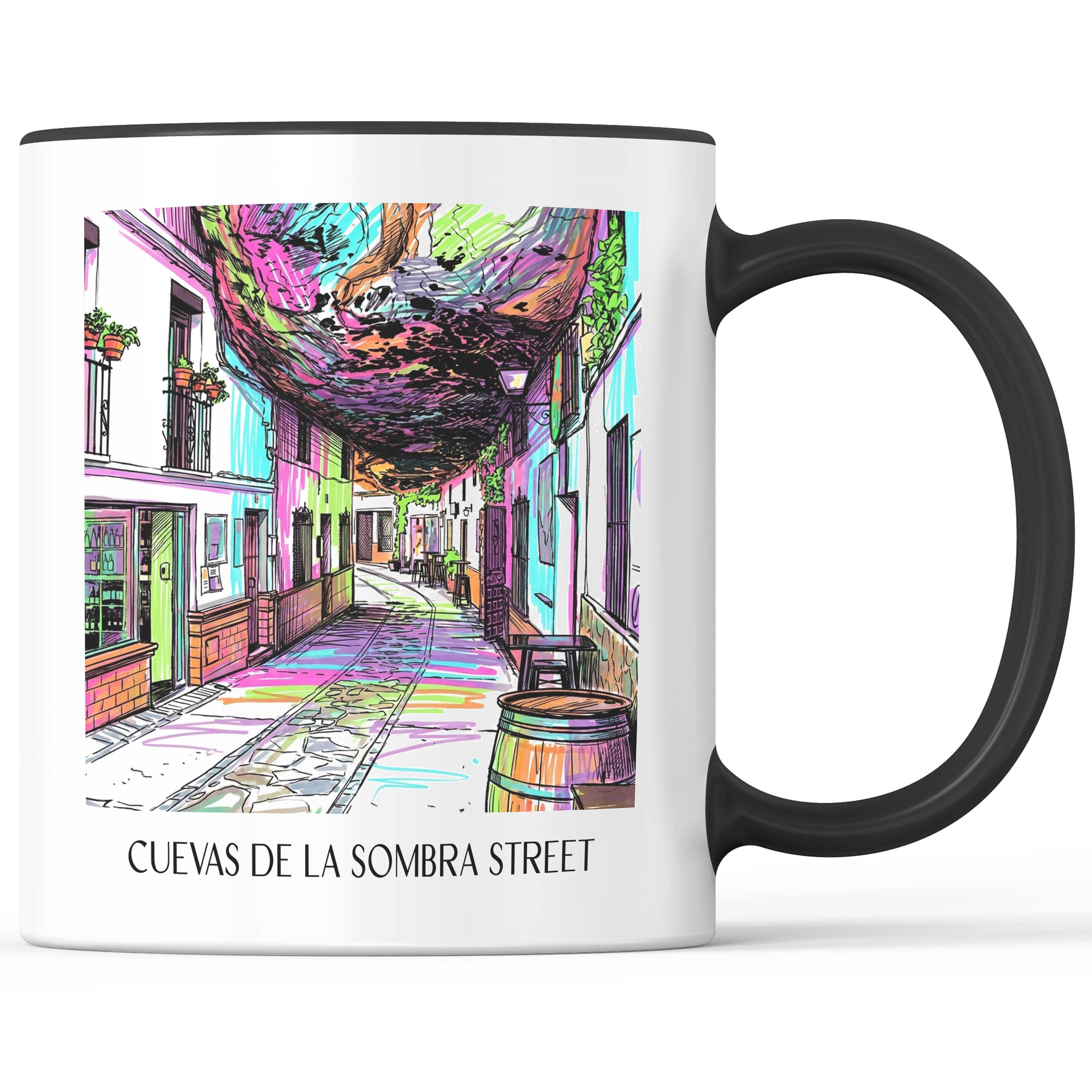 Calle Cuevas de la Sombra Kaffeebecher - Setenil de las Bodegas - Spanien Becher - Kaffeetasse im Tag Graffiti Stil - favplace
