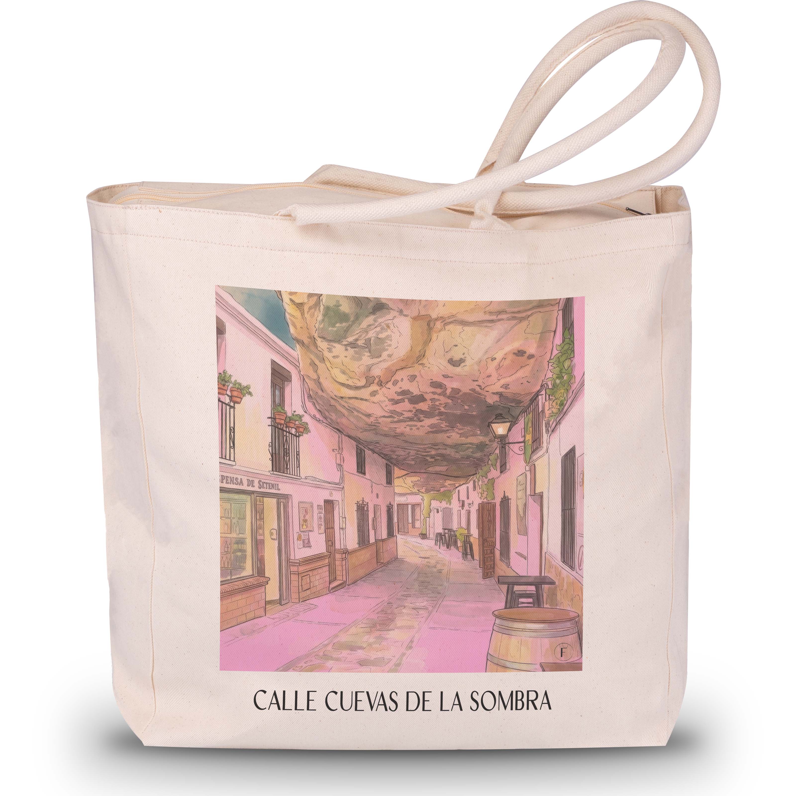 calle-cuevas-de-la-sombra-setenil-de-las-bodegas-spanien-einkaufstasche-aquarell-pink-rosa