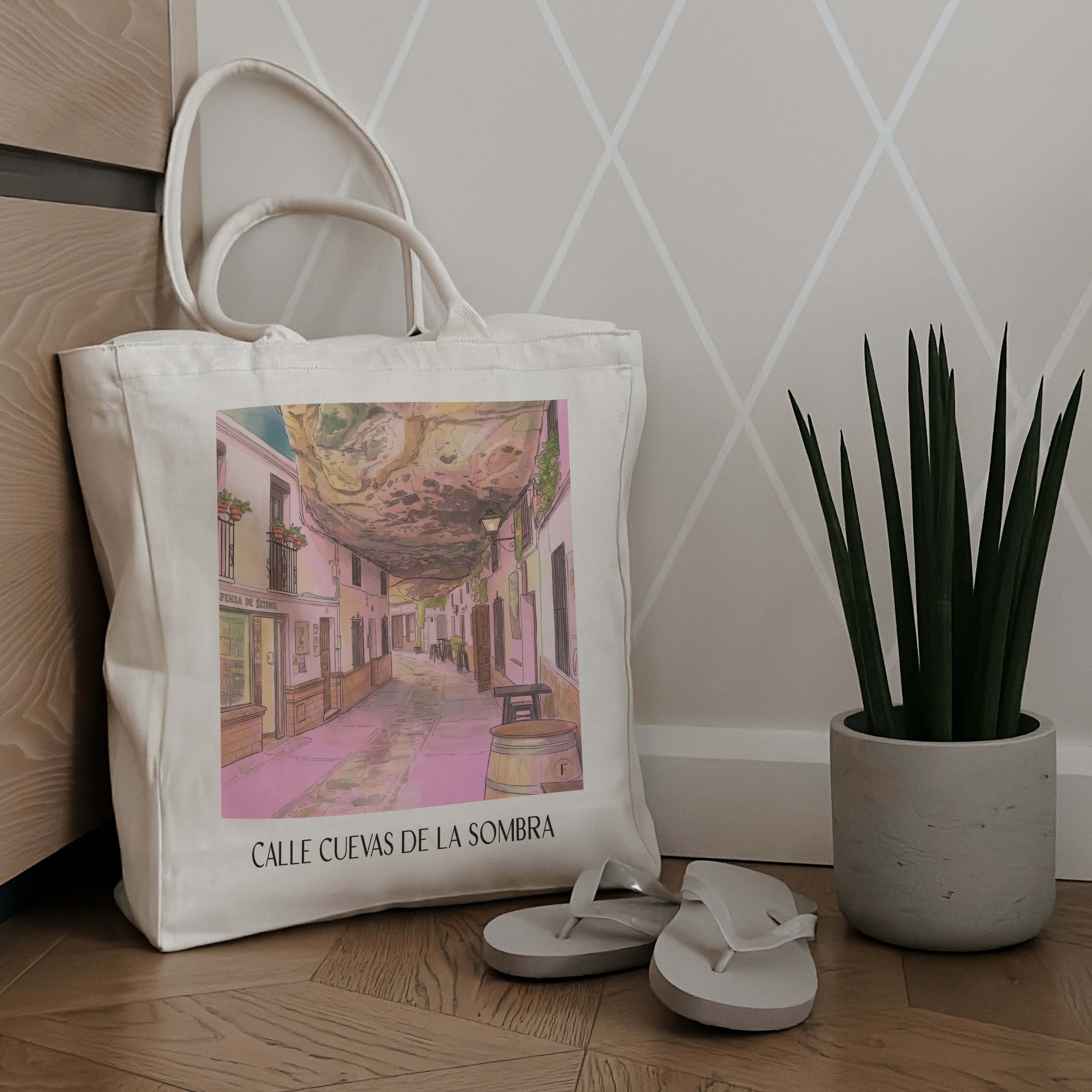 calle-cuevas-de-la-sombra-setenil-de-las-bodegas-spanien-einkaufstasche-aquarell-pink-rosa