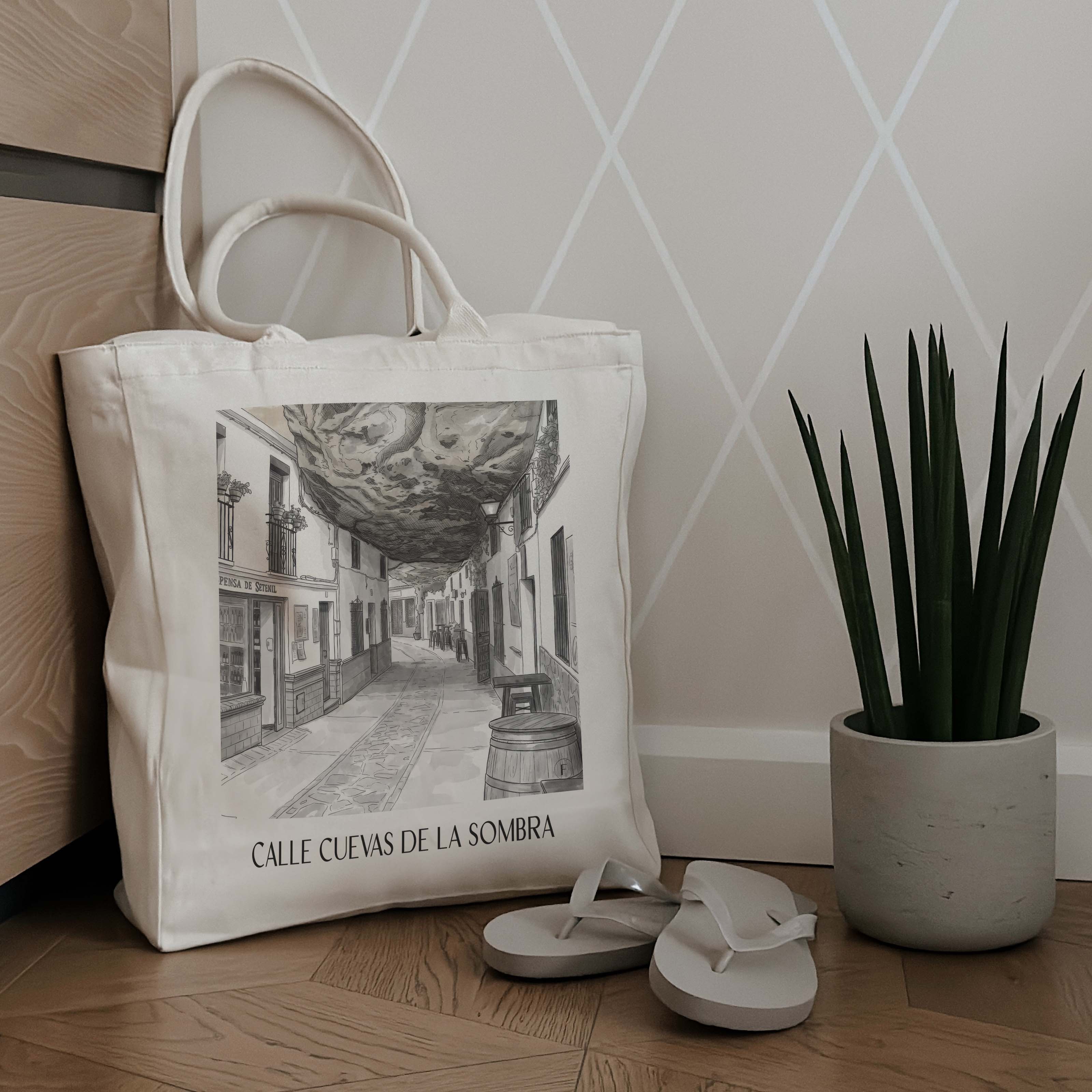 calle-cuevas-de-la-sombra-setenil-de-las-bodegas-spanien-einkaufstasche-aquarell-schwarz-weiss