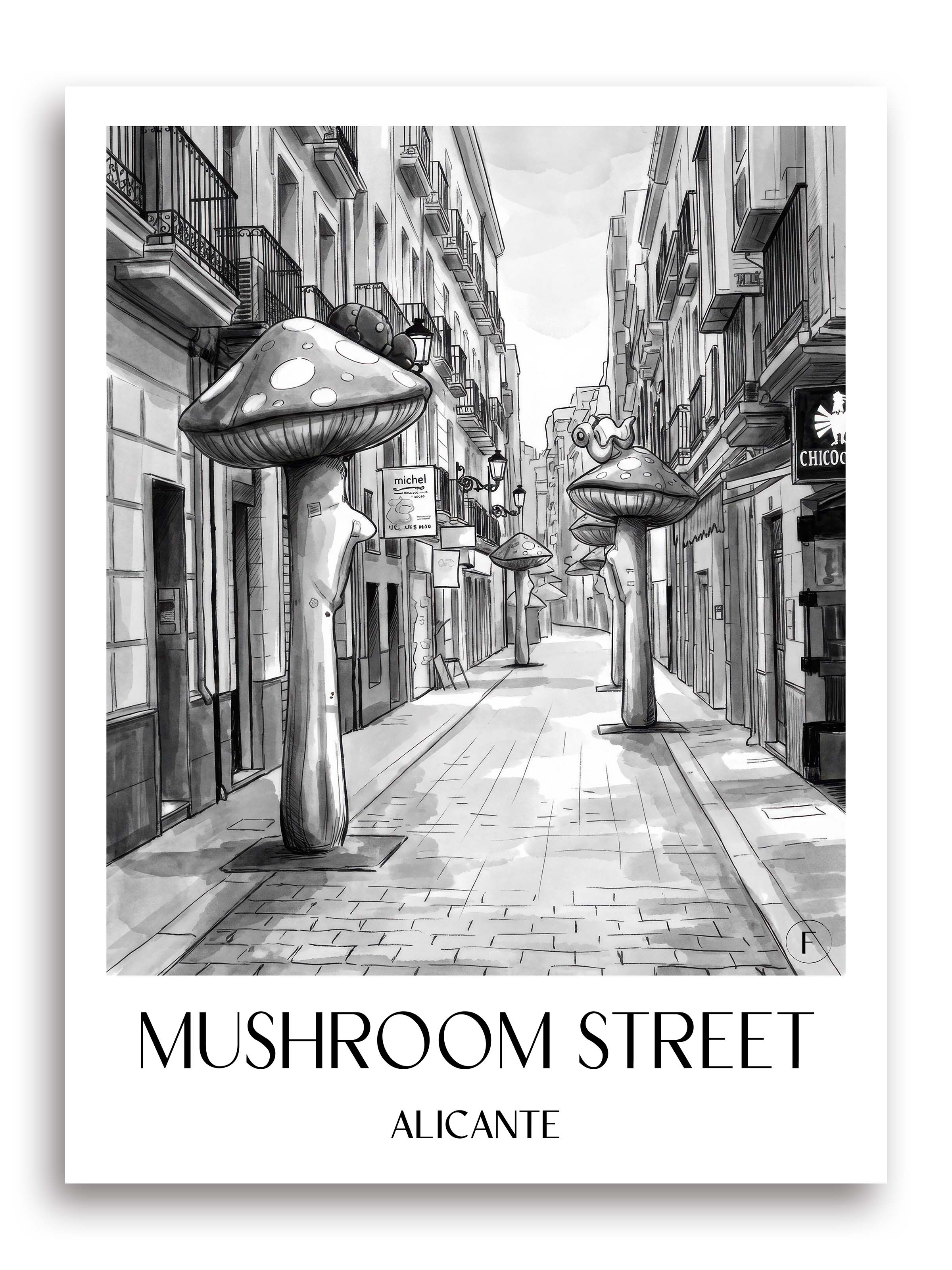 Calle de las Setas Poster - Alicante - Spanien Kunstdruck - Aquarell Schwarz-Weiß von A4 bis A1 - favplace