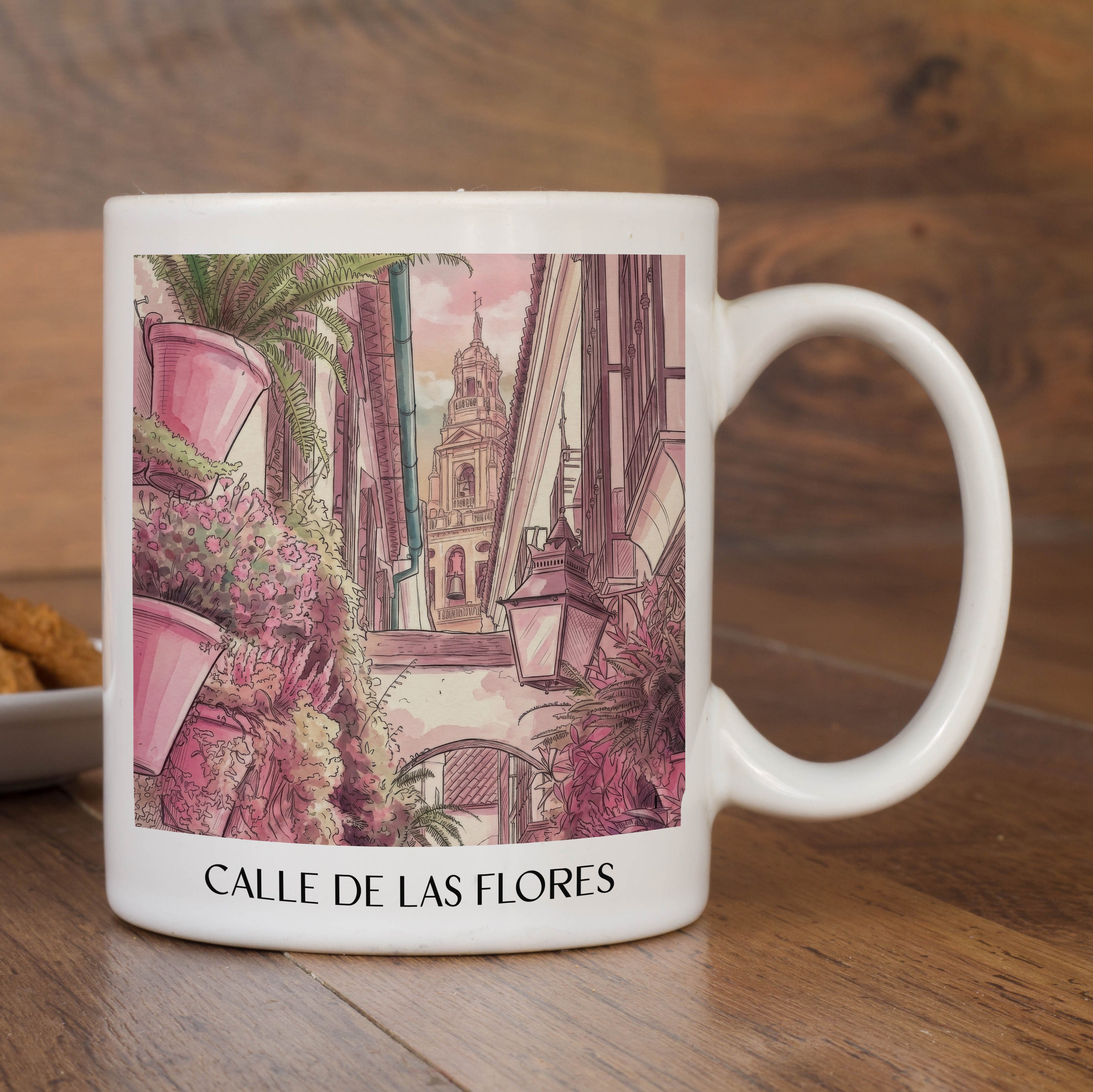 calle-de-las-flores-córdoba-spanien-kaffeebecher-aquarell-pink-rosa
