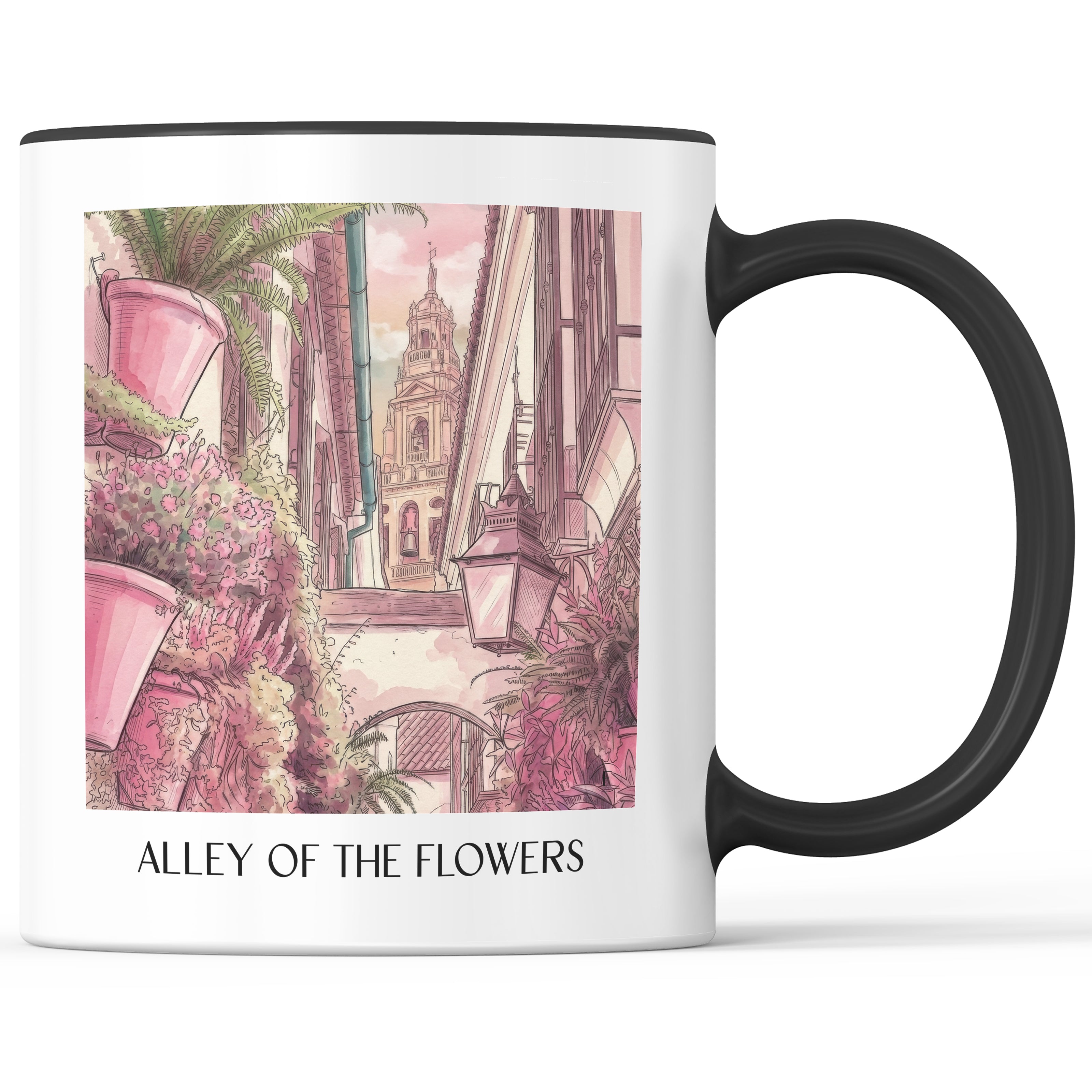 Calle de las flores Kaffeebecher - Córdoba - Spanien Becher - Kaffeetasse im Aquarell Pink Stil - favplace