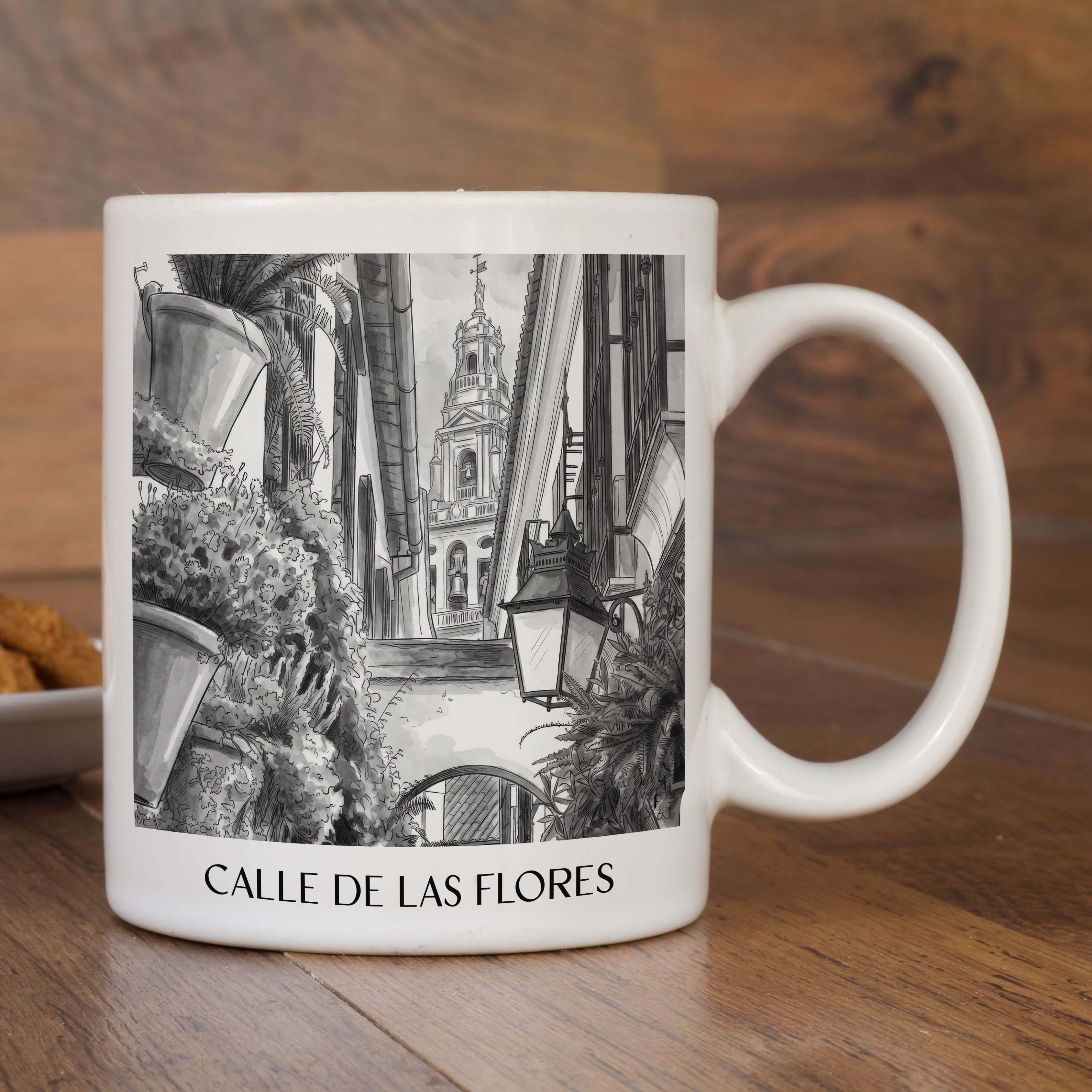calle-de-las-flores-córdoba-spanien-kaffeebecher-aquarell-schwarz-weiss