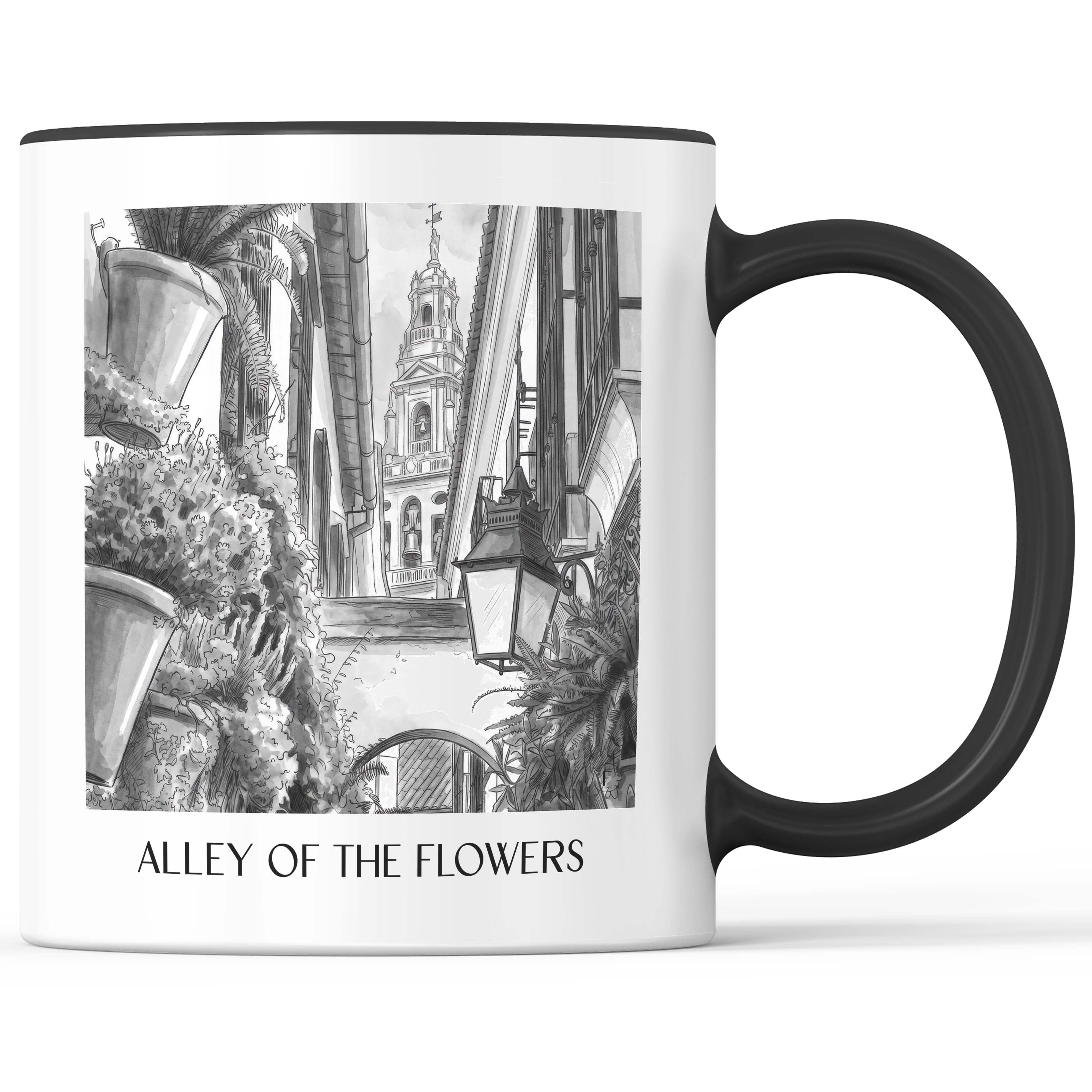 Calle de las flores Kaffeebecher - Córdoba - Spanien Becher - Kaffeetasse im Aquarell Schwarz-Weiß Stil - favplace