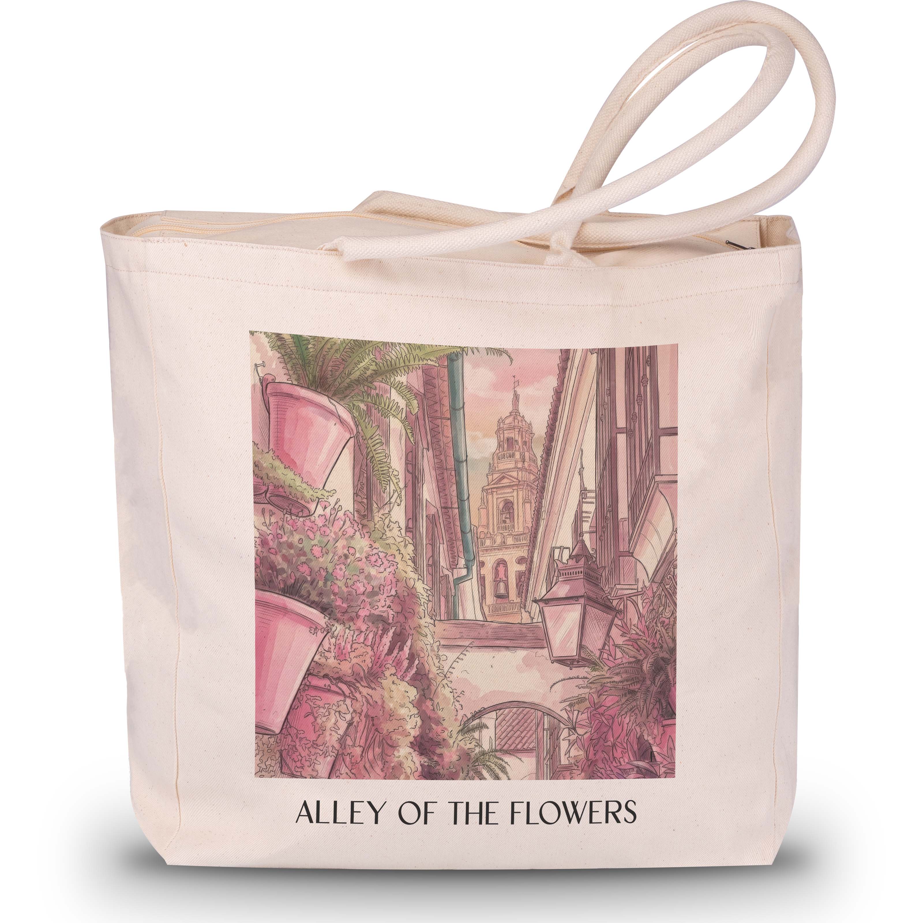 Calle de las flores Shopping Tasche - Córdoba - Spanien Tote Bag - Einkaufstasche im Aquarell Pink Stil - favplace