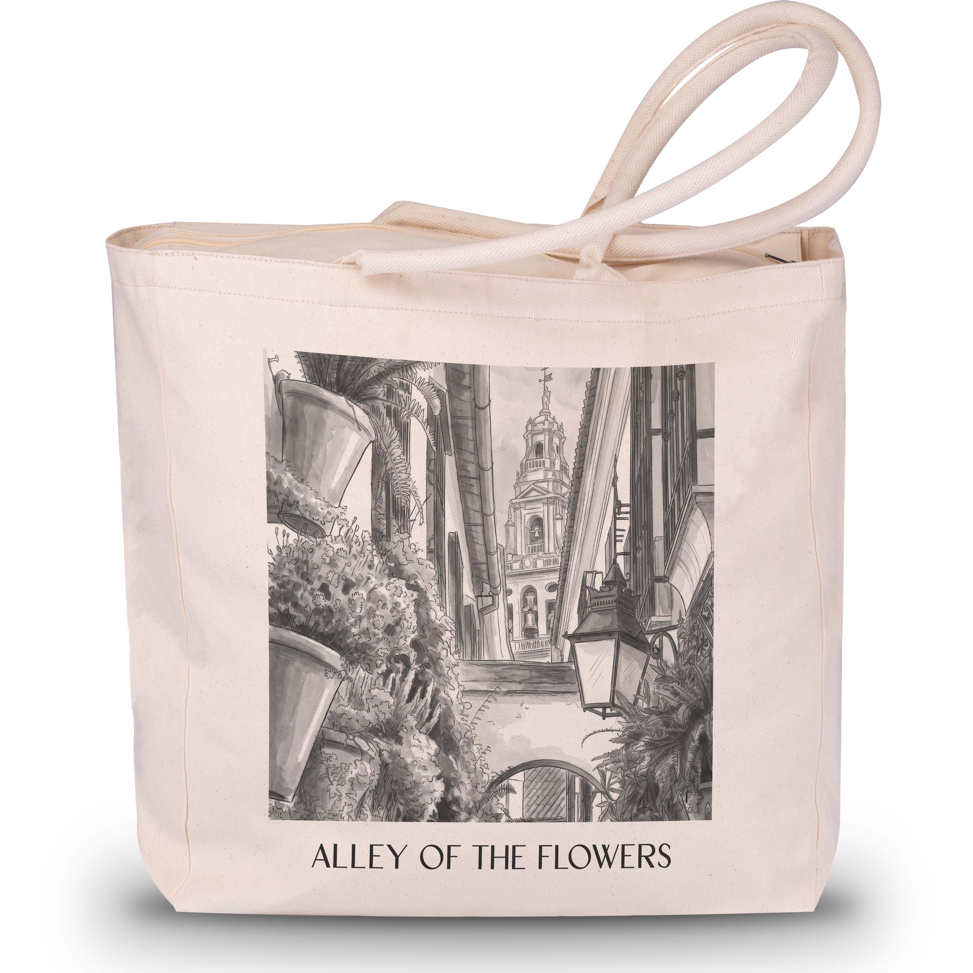 Calle de las flores Shopping Tasche - Córdoba - Spanien Tote Bag - Einkaufstasche im Aquarell Schwarz-Weiß Stil - favplace