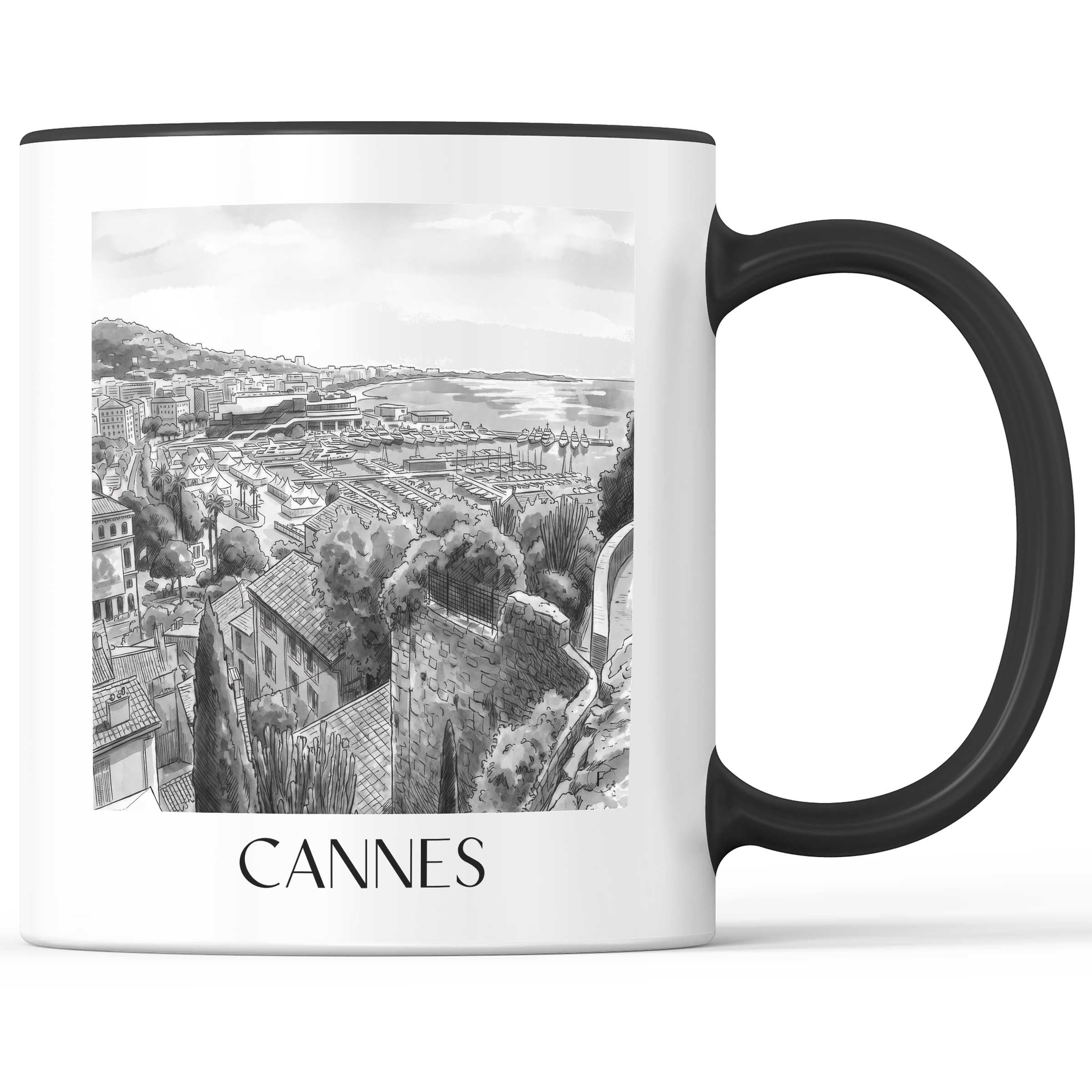 Cannes - Frankreich Becher - Kaffeetasse im Aquarell Schwarz-Weiß Stil - favplace