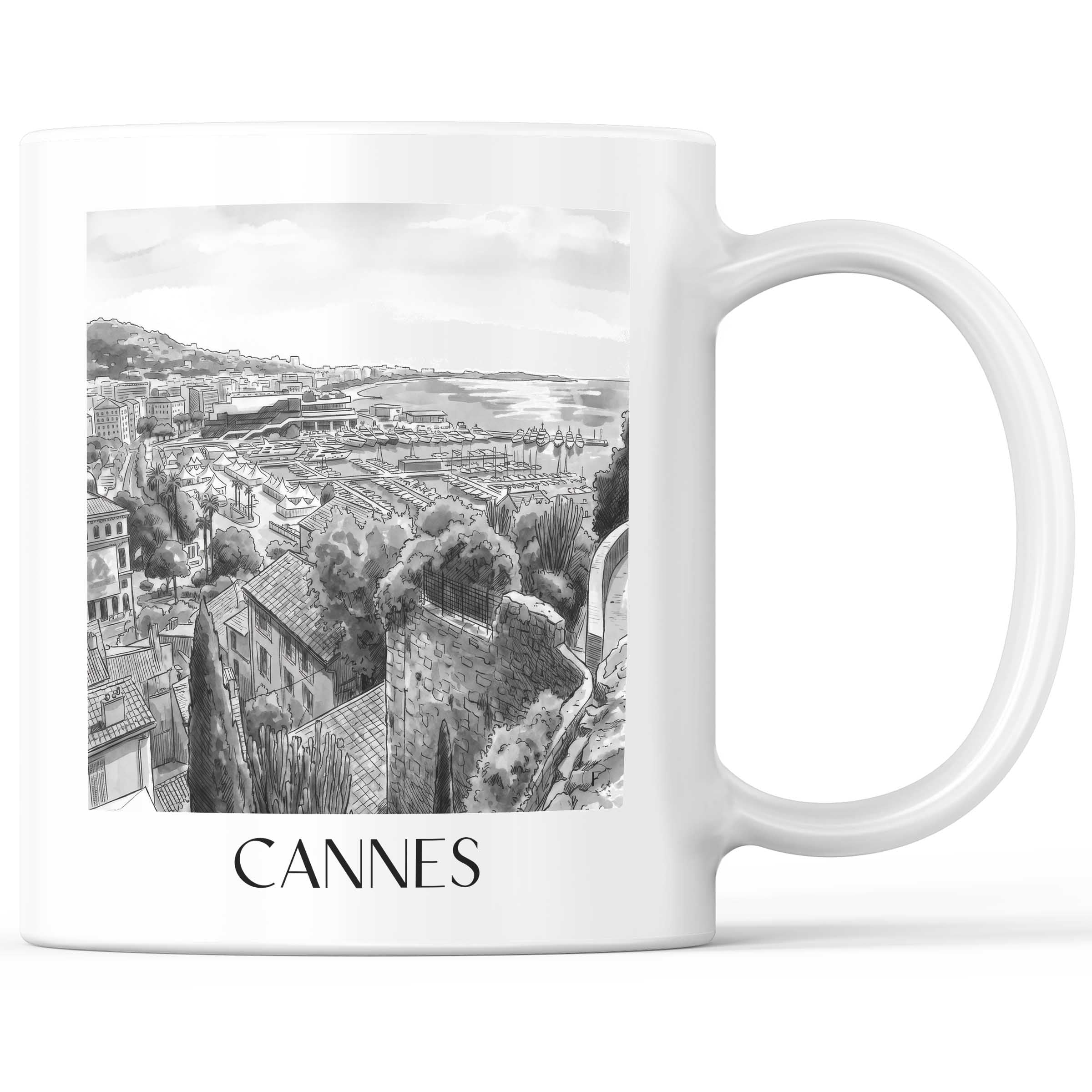 Cannes - Frankreich Becher - Kaffeetasse im Aquarell Schwarz-Weiß Stil - favplace