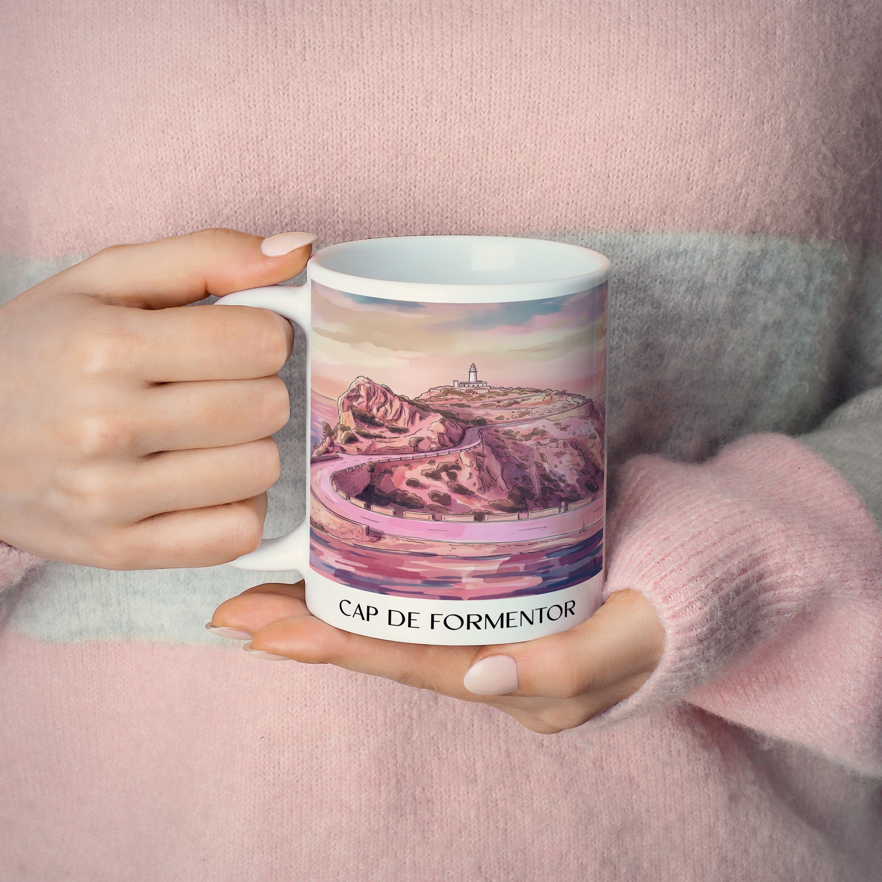 cap-de-formentor-mallorca-spanien-kaffeebecher-aquarell-pink-rosa
