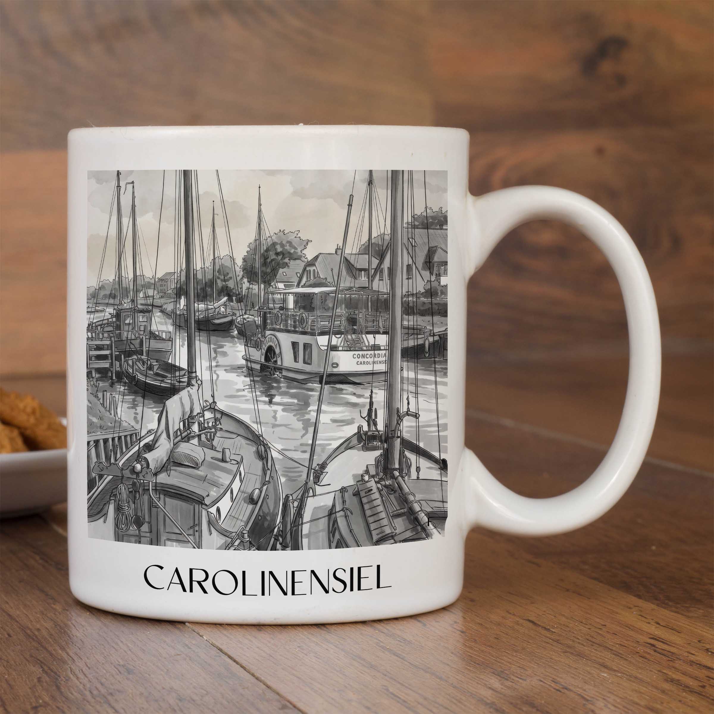 carolinensiel-ostfriesland-deutschland-kaffeebecher-aquarell-schwarz-weiss