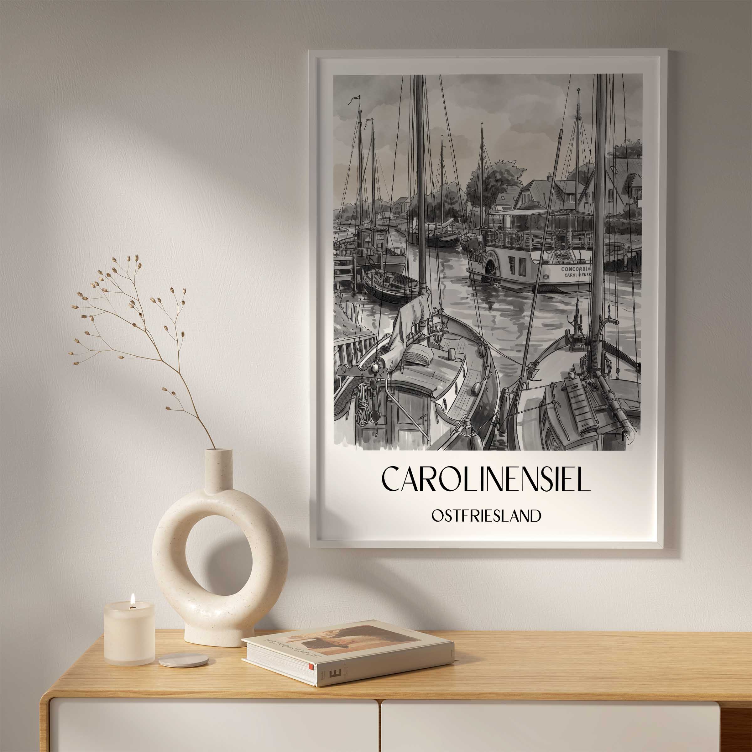 carolinensiel-ostfriesland-deutschland-poster-aquarell-schwarz-weiss