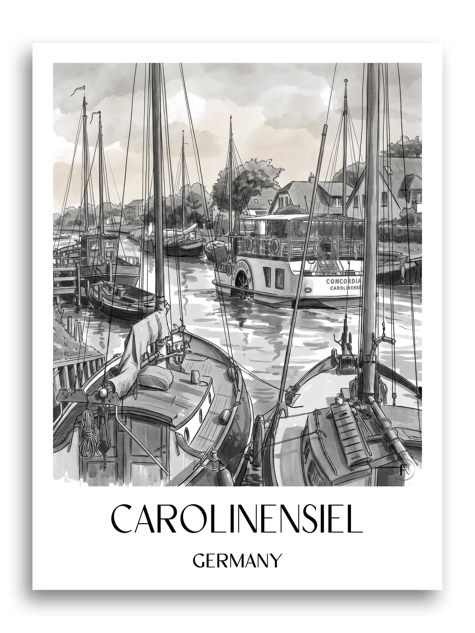 Carolinensiel Poster - Ostfriesland - Deutschland Kunstdruck - Aquarell Schwarz-Weiß von A4 bis A1