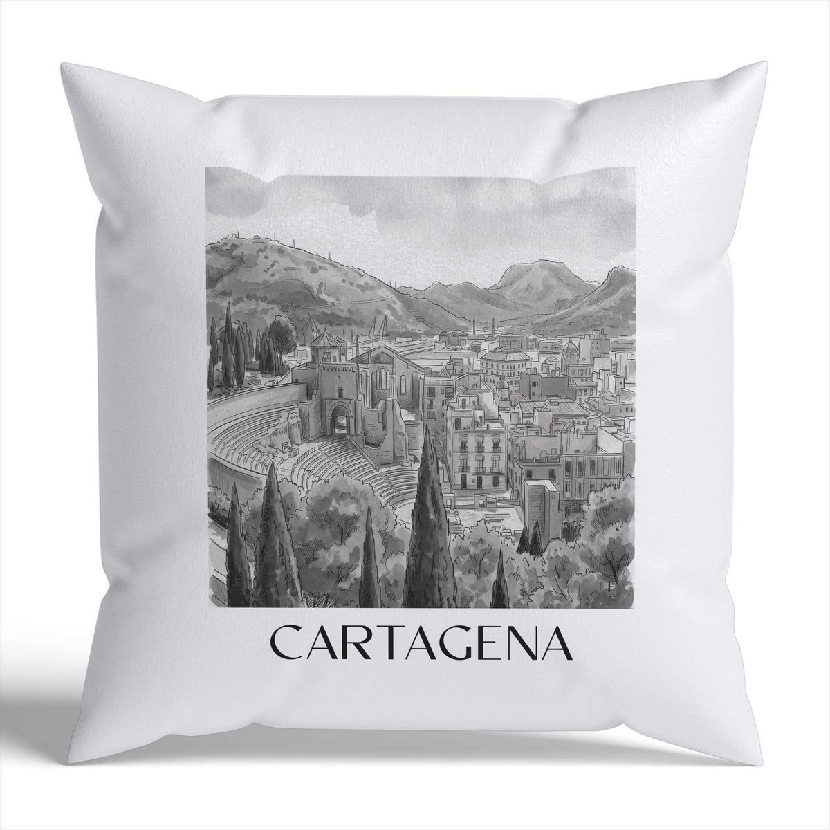 Cartagena Kissenhülle - Zierkissen Bezug - Spanien - Spanien Kissen bzw. Kissenbezug im Aquarell Schwarz-Weiß Stil - favplace