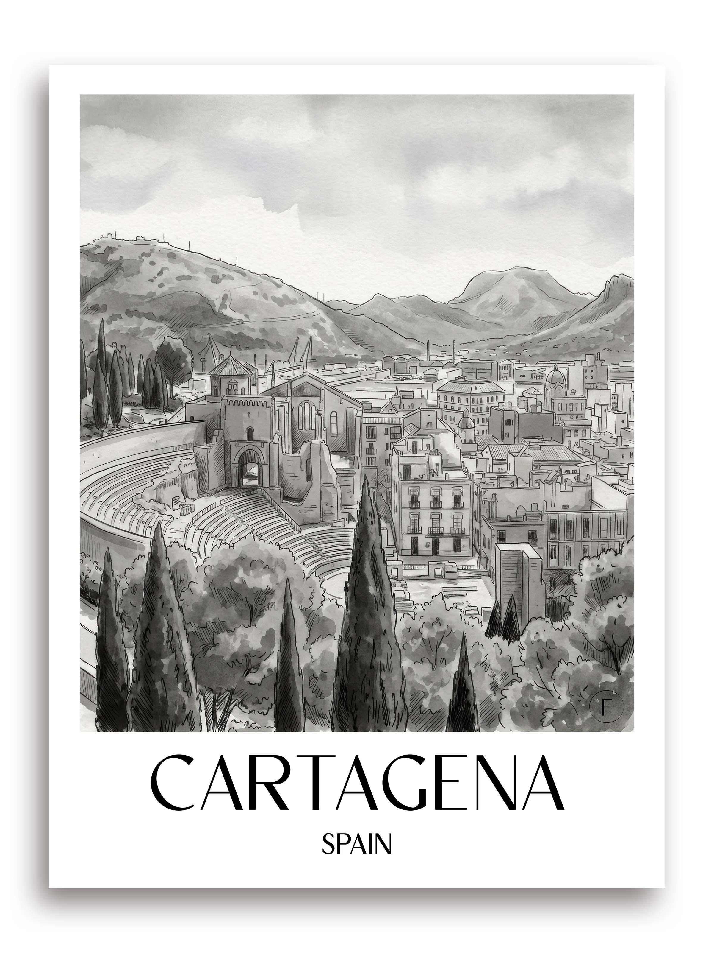 Cartagena Poster - Spanien - Spanien Kunstdruck - Aquarell Schwarz-Weiß von A4 bis A1 - favplace
