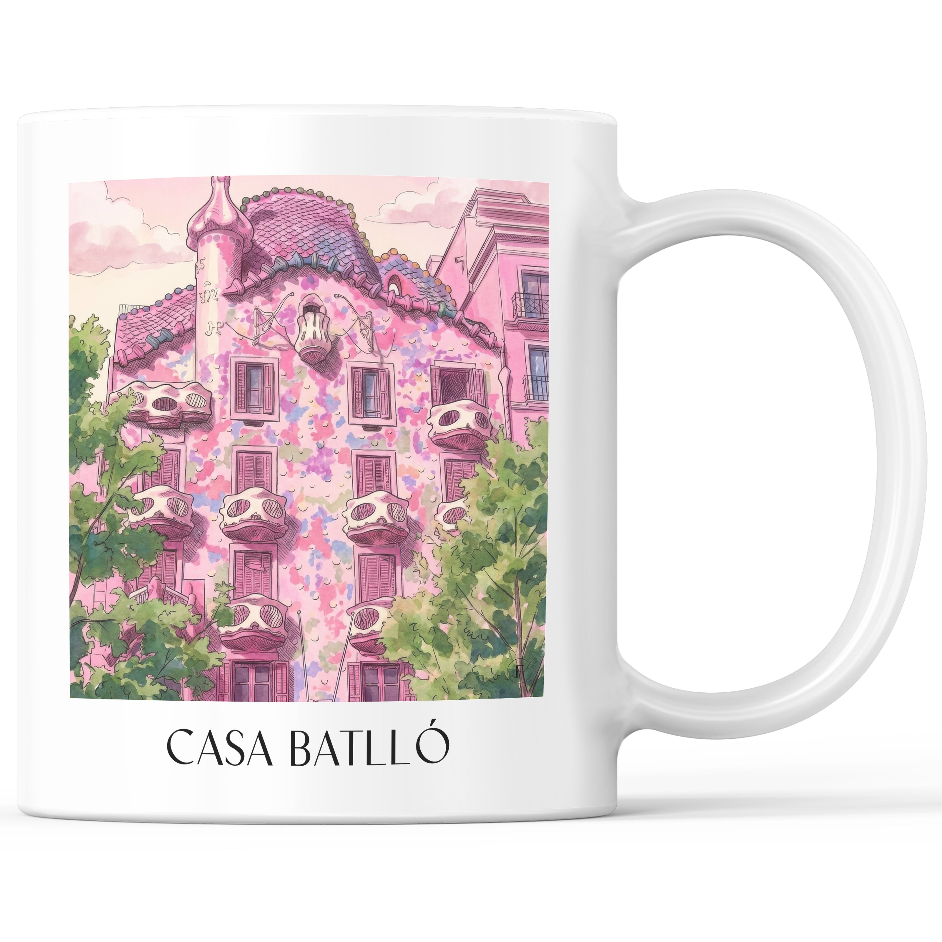 Casa Batlló Kaffeebecher - Barcelona - Spanien Becher - Kaffeetasse im Aquarell Pink Stil - favplace