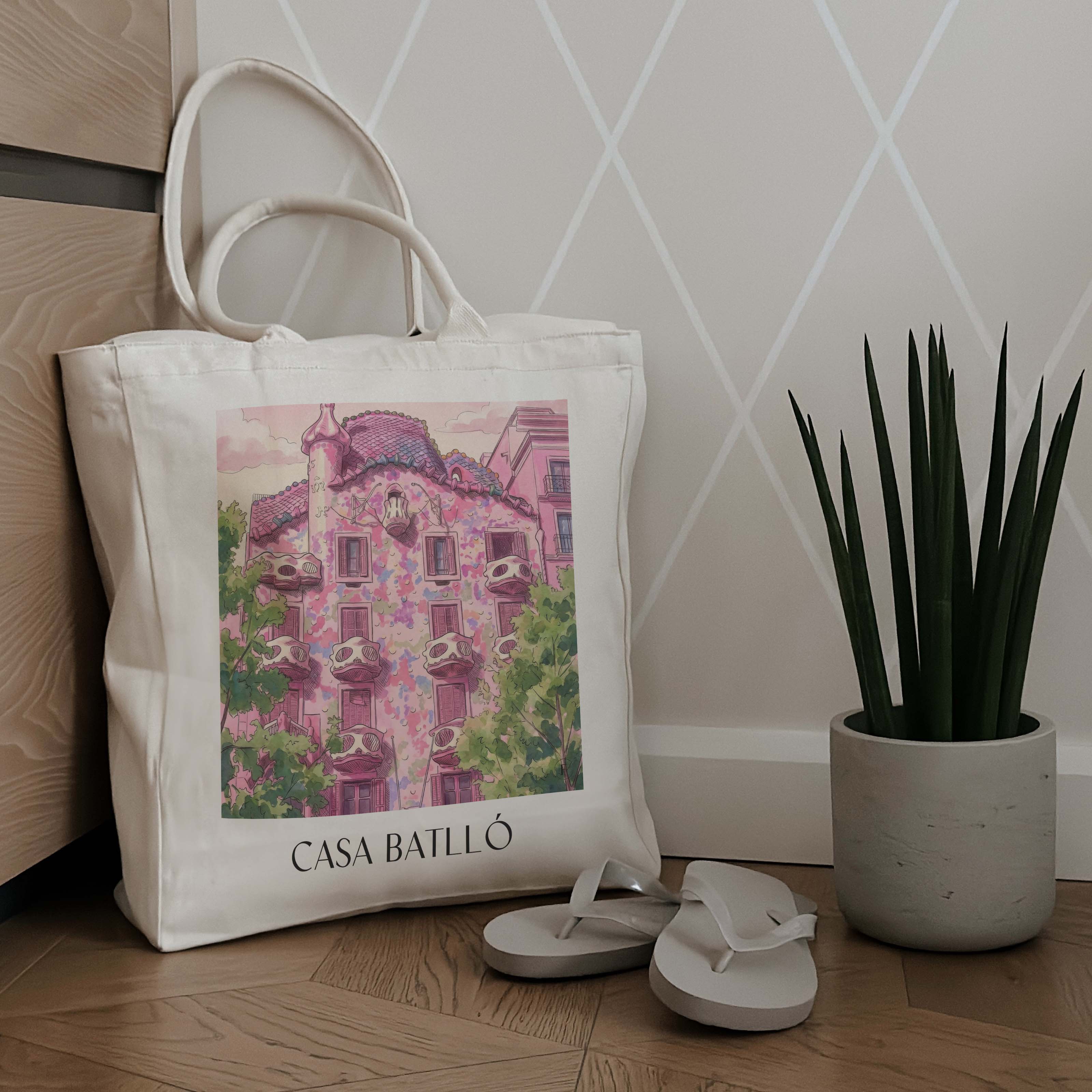 casa-batlló-barcelona-spanien-einkaufstasche-aquarell-pink-rosa