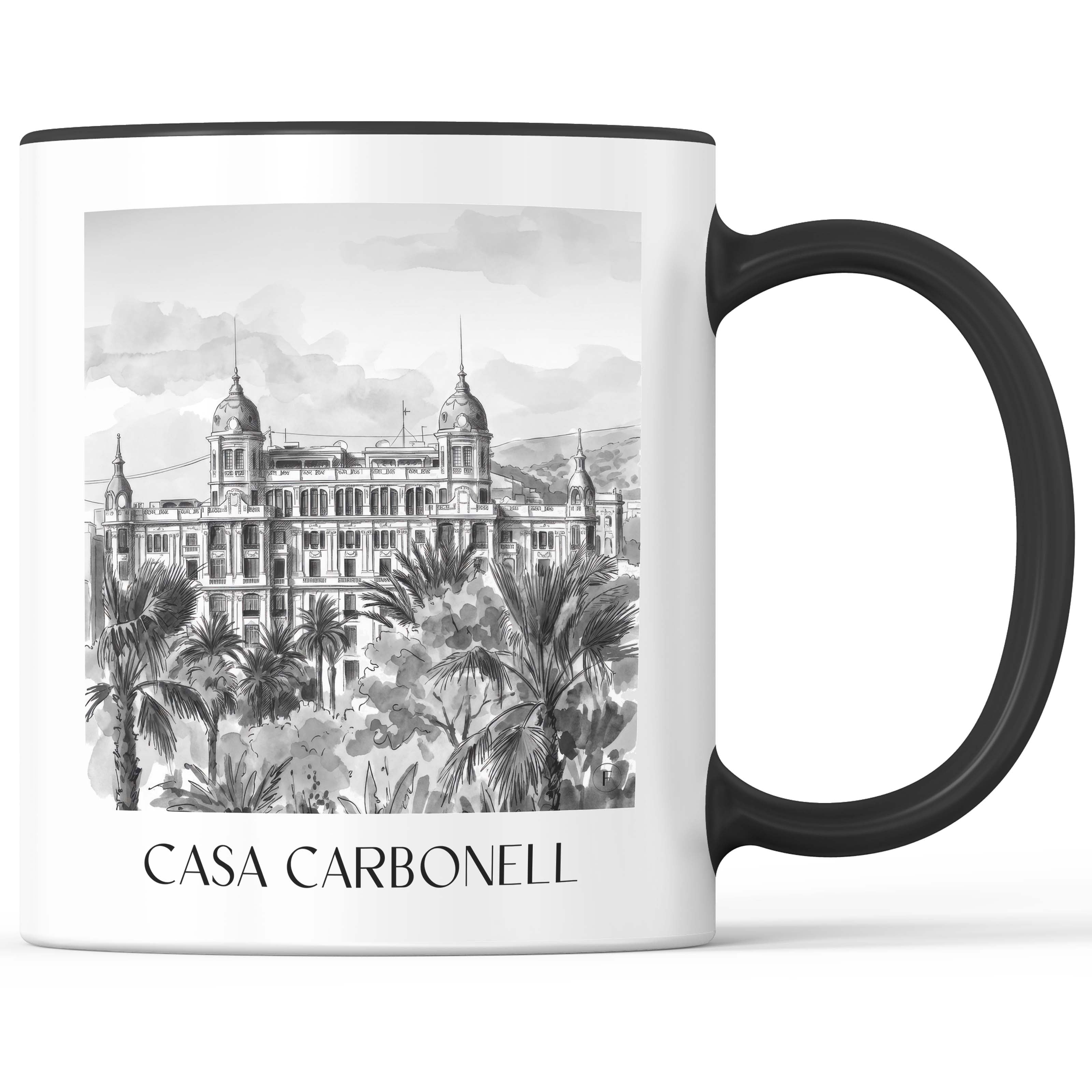 Casa Carbonell Kaffeebecher - Alicante - Spanien Becher - Kaffeetasse im Aquarell Schwarz-Weiß Stil - favplace