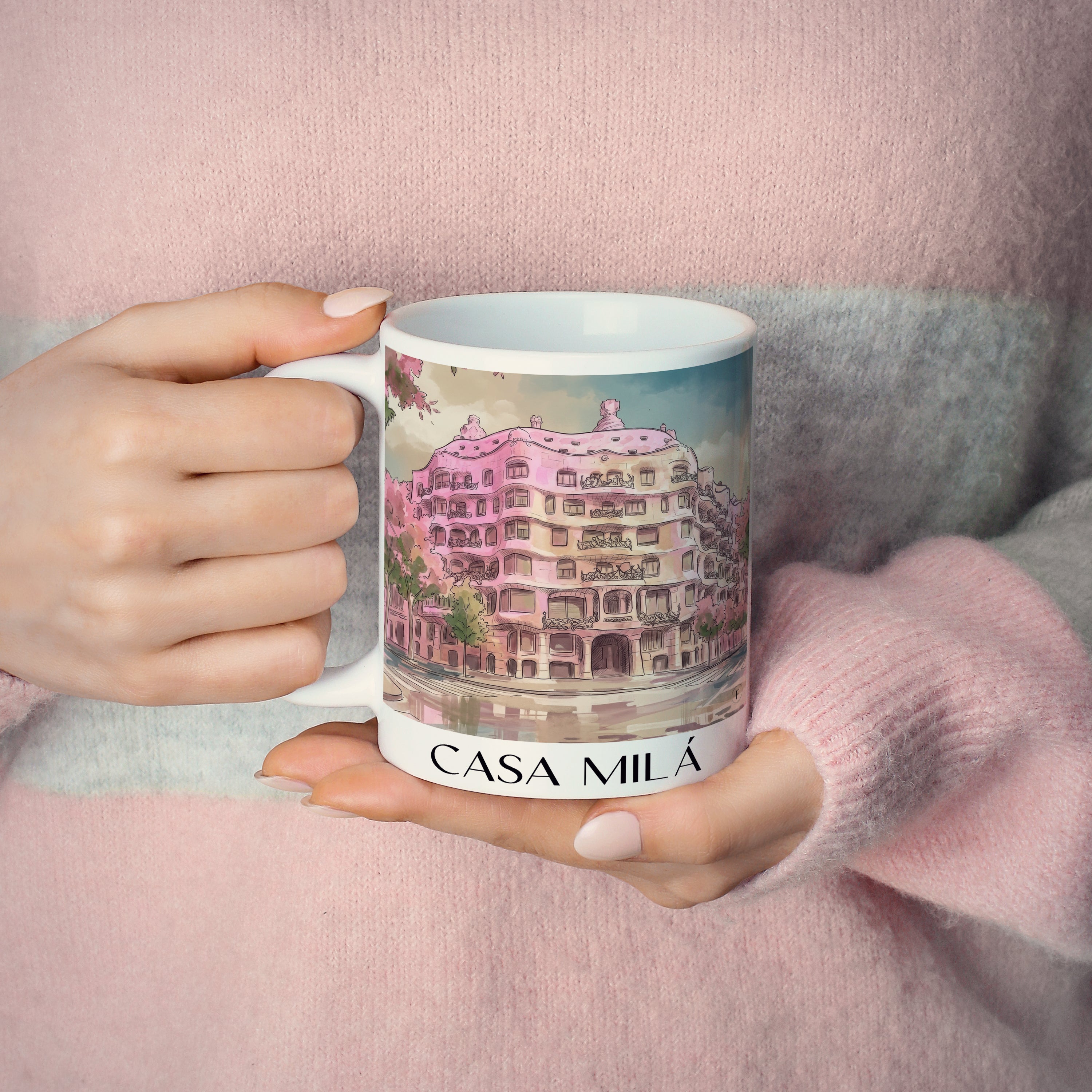 casa-milá-barcelona-spanien-kaffeebecher-aquarell-pink-rosa